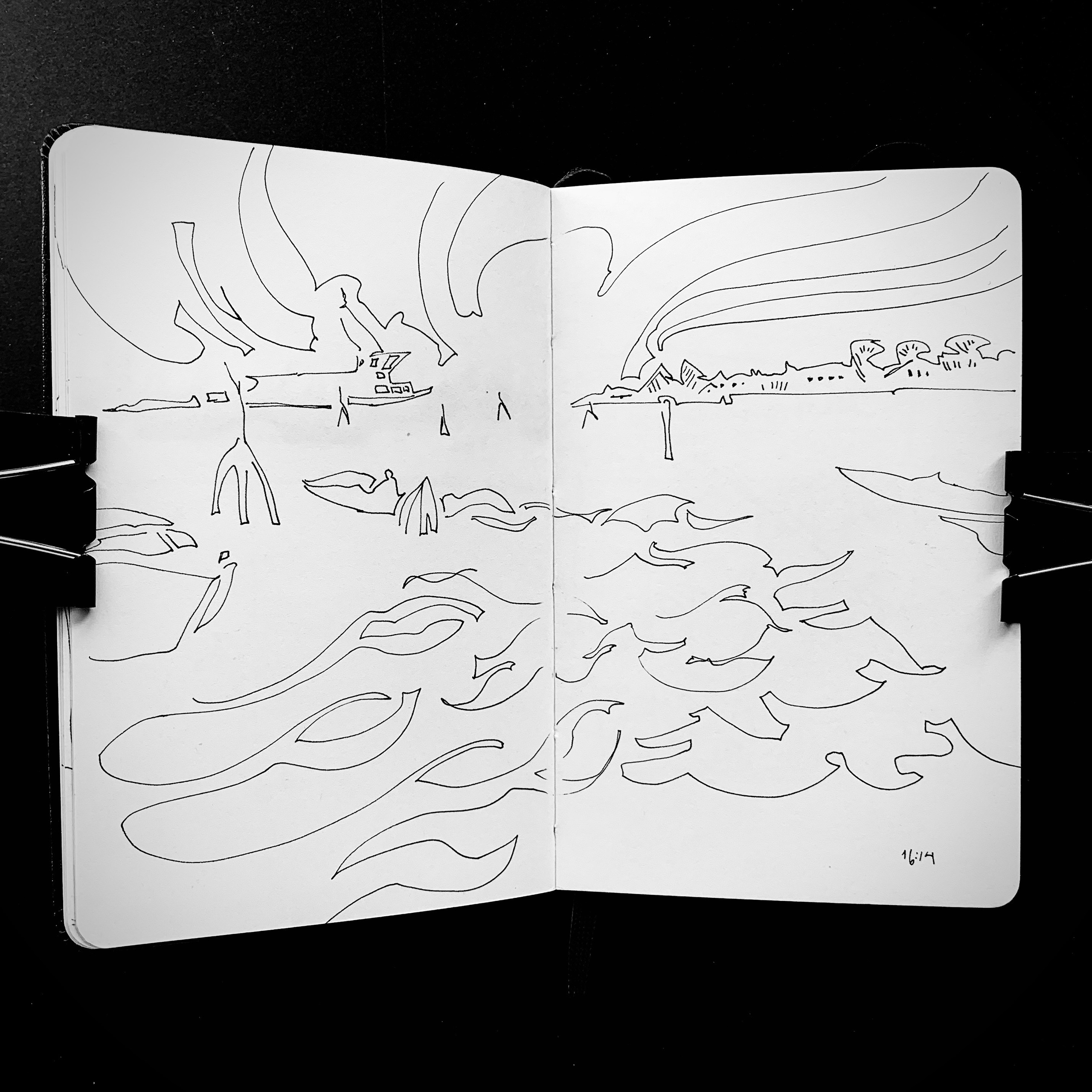 Moleskine notebook with original drawings made in Venice, works on paper by Nadia Kuprina, contemporary artist living and working in Venice. A linear drawing of skies and waves drawn into the horizon.