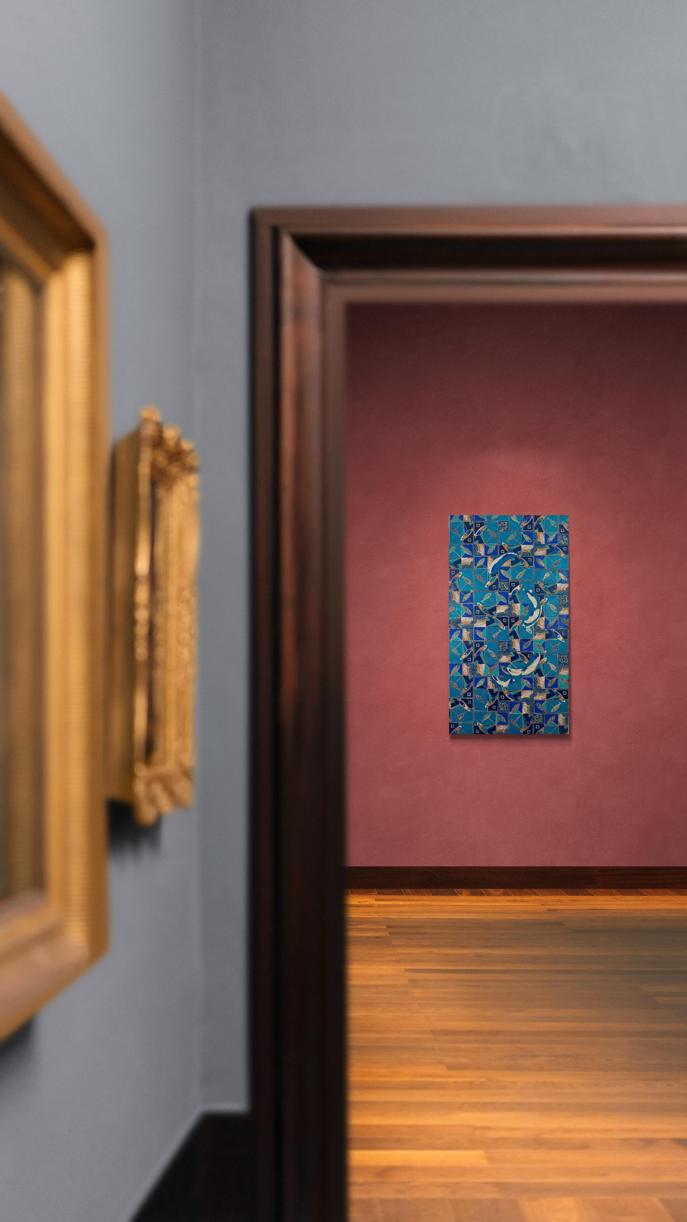 «Fish O ‘Clock» Tecnica mista, stampa su tela, ricamo su tela, olio su tela 70×130 cm. Nadia Kuprina. Artist