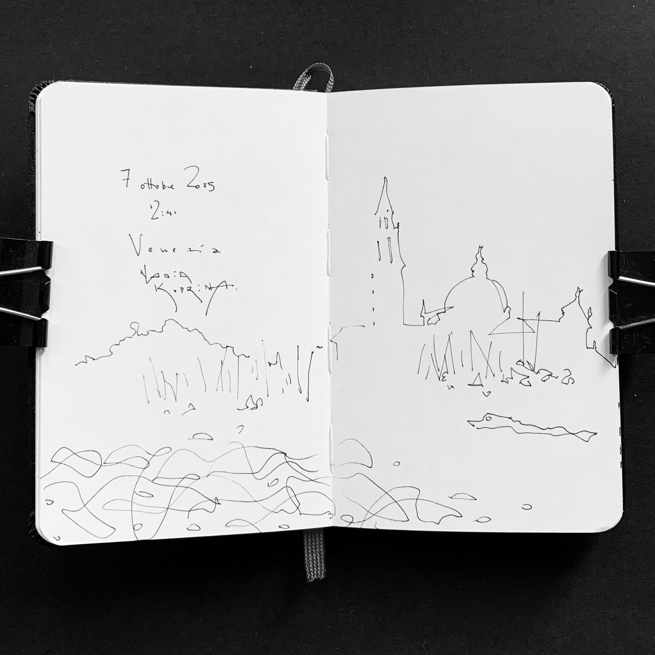 Moleskine notebook with hand-drawn sketches made in Venice, showcasing Nadia Kuprina’s exploration of drawing and the tactile experience of a personal sketchbook.