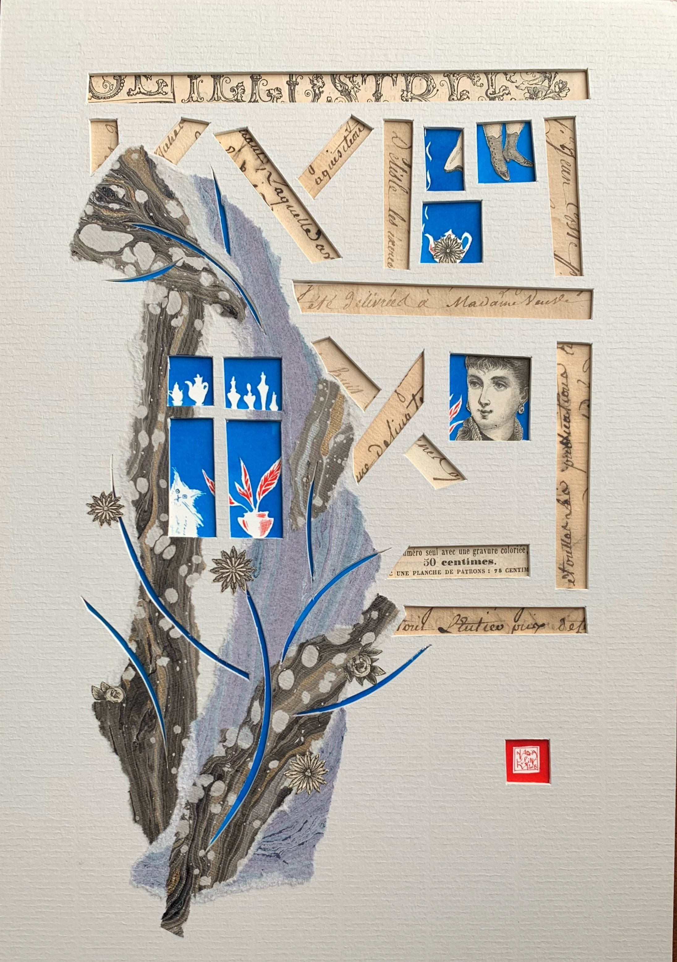 Opera d’arte collage carta cartoncino inchiostro casa città Francia Le Mans Vieux Mans case villaggio fiaba Fornasetti  case a graticcio traliccio carte antiche lettere carta antica inchiostro blu naso profumo odore