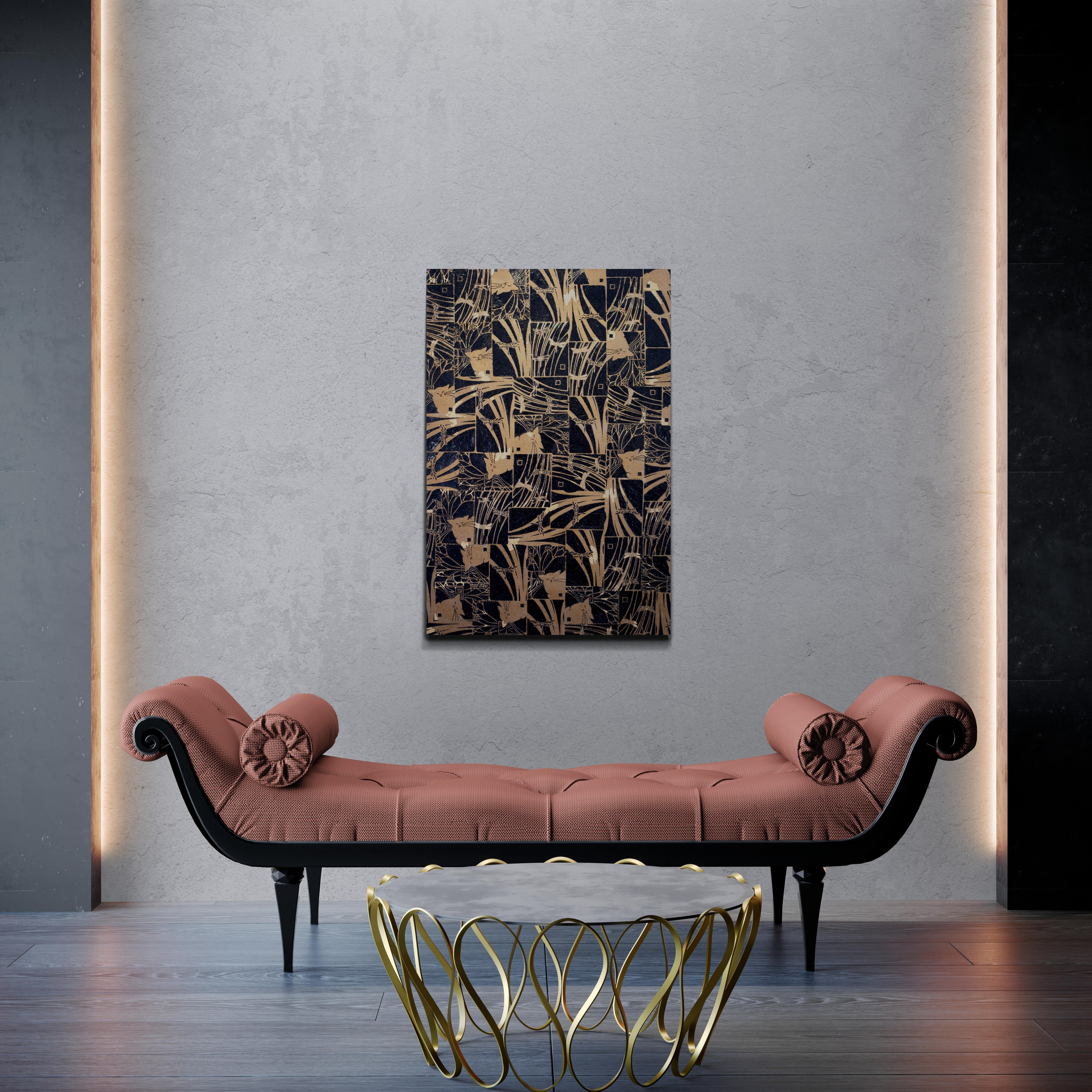 Tela decorativa contemporanea in nero e oro, linoleografia e ricamo su tela, pattern ripetuti e ritmo visivo astratto, ideale per spazi eleganti e progetti di interior design. Tocco orientale minimalista per ambienti di lusso raffinato.