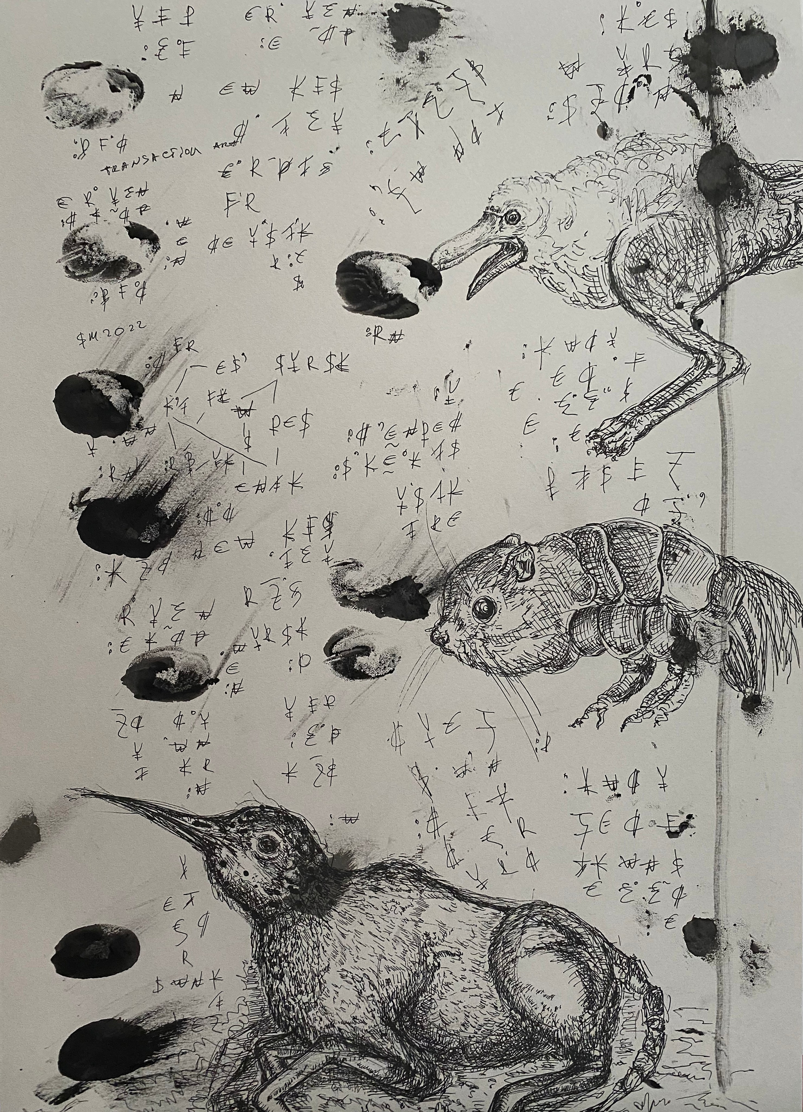 Chronicle Transaction – A modern cave painting for the digital age. This work from the Transaction Art universe depicts mystical hybrid creatures, their forms interwoven with celestial fingerprints and sacred texts in the universe's native language. Like ancient petroglyphs whispering across millennia, these symbols bridge primal spirituality and cryptographic modernism, suggesting a lost codex of cosmic transactions.