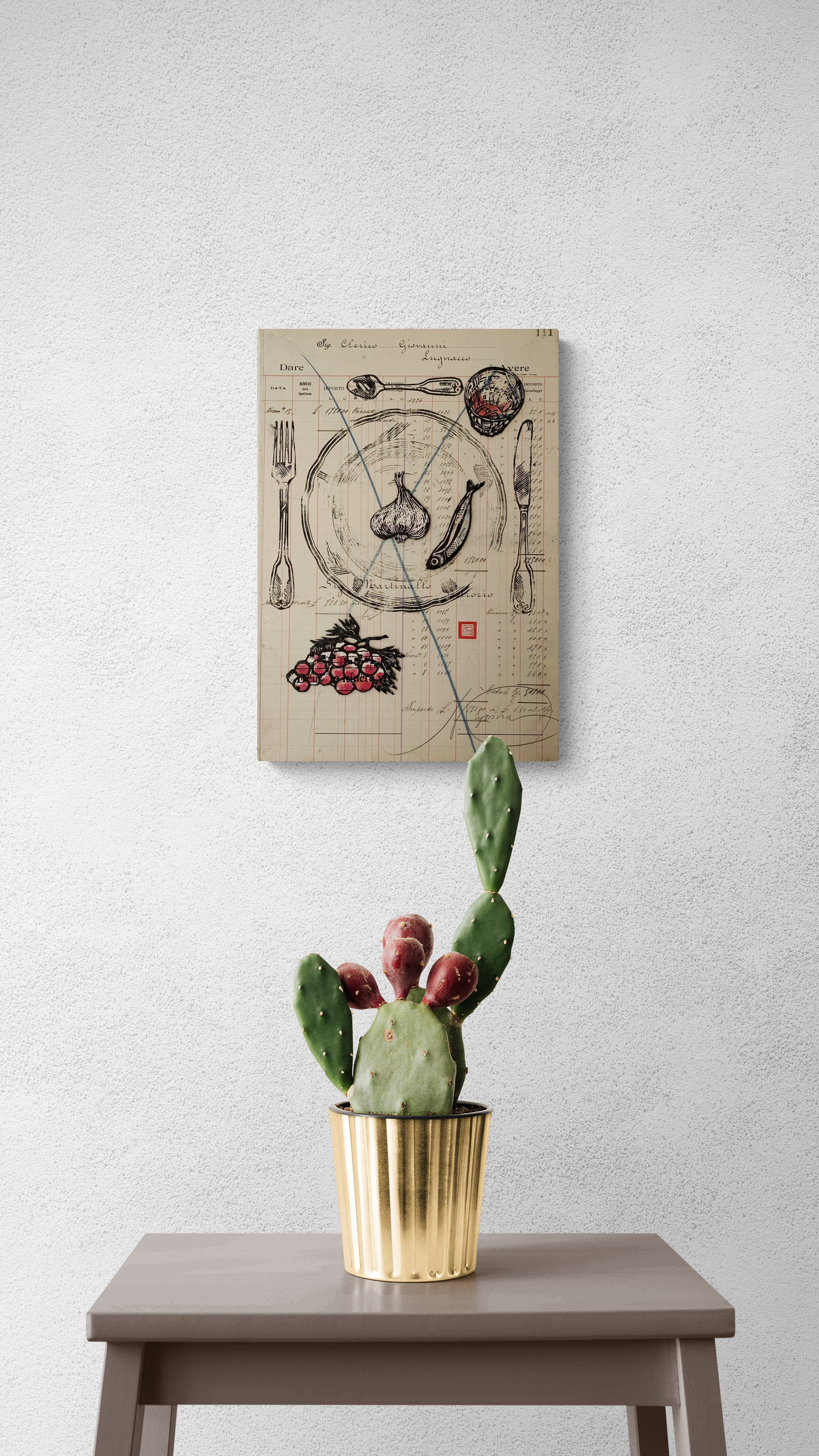 Intervento su documento d’archivio originale: registro contabile piemontese (1918–1930). Nadia Kuprina utilizza la linoleografia per stampare manualmente piatti e posate su pagine già segnate da nomi e acquisti — vino rosso, aglio, acciughe. Il dialogo tra matrice incisa e carta storica crea una tensione tra grafica contemporanea e memoria materiale, tra povertà quotidiana e gesto artistico consapevole.