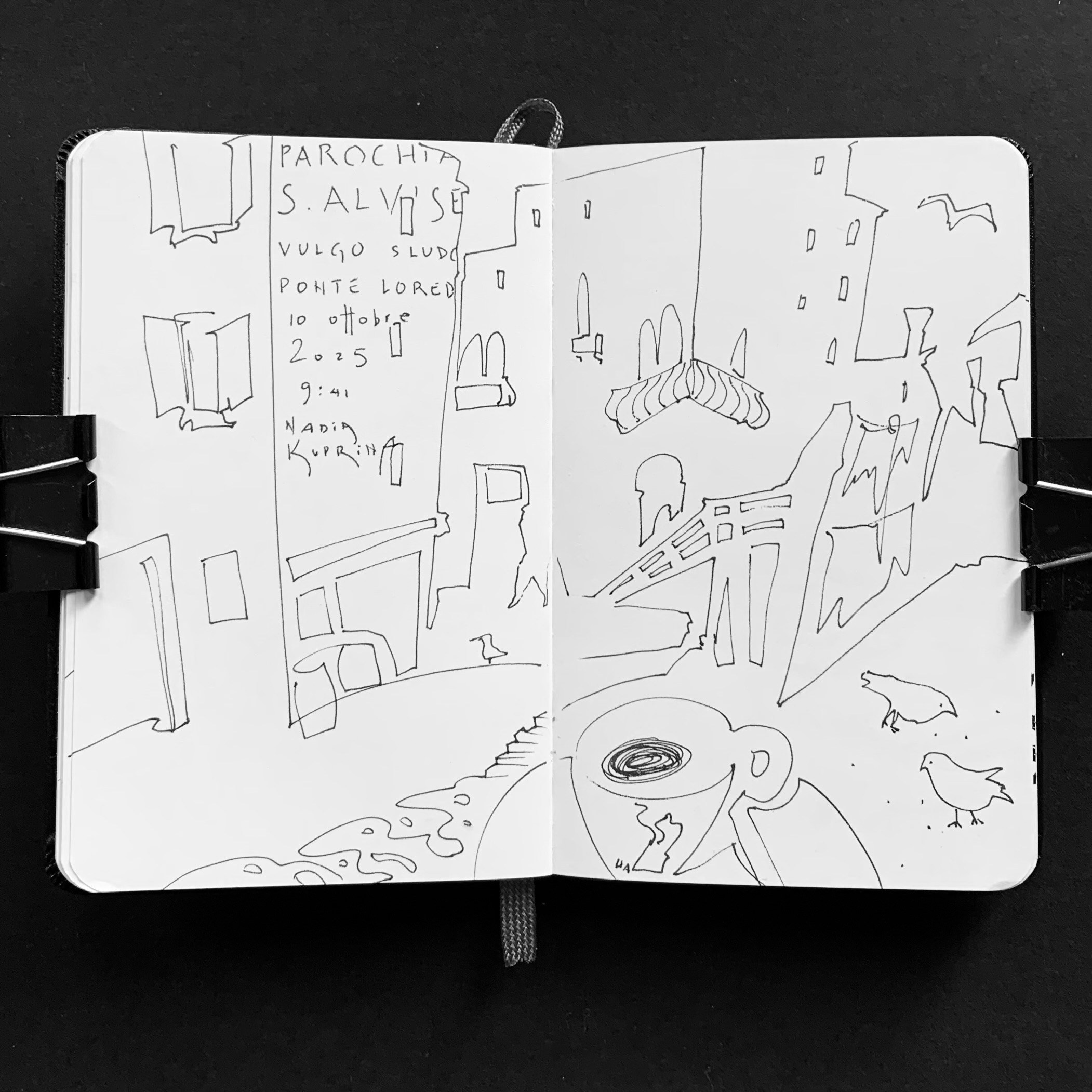 Moleskine notebook with hand-drawn sketches made in Venice, reflecting Nadia Kuprina’s daily drawing practice rooted in observation and visual research. A coffee on a Venetian square with church.