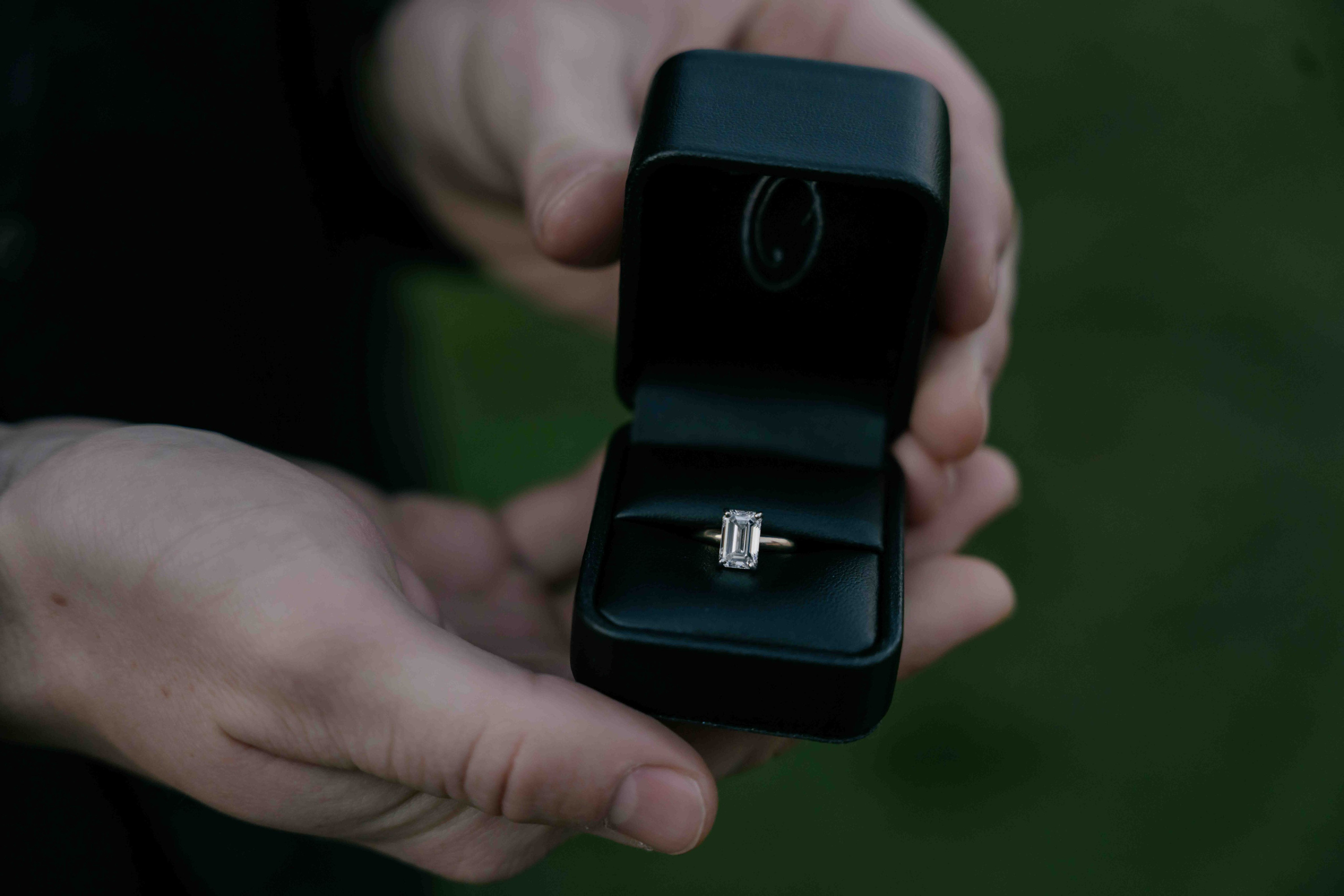 Close-up of engagement ring in box proposal London Westminster