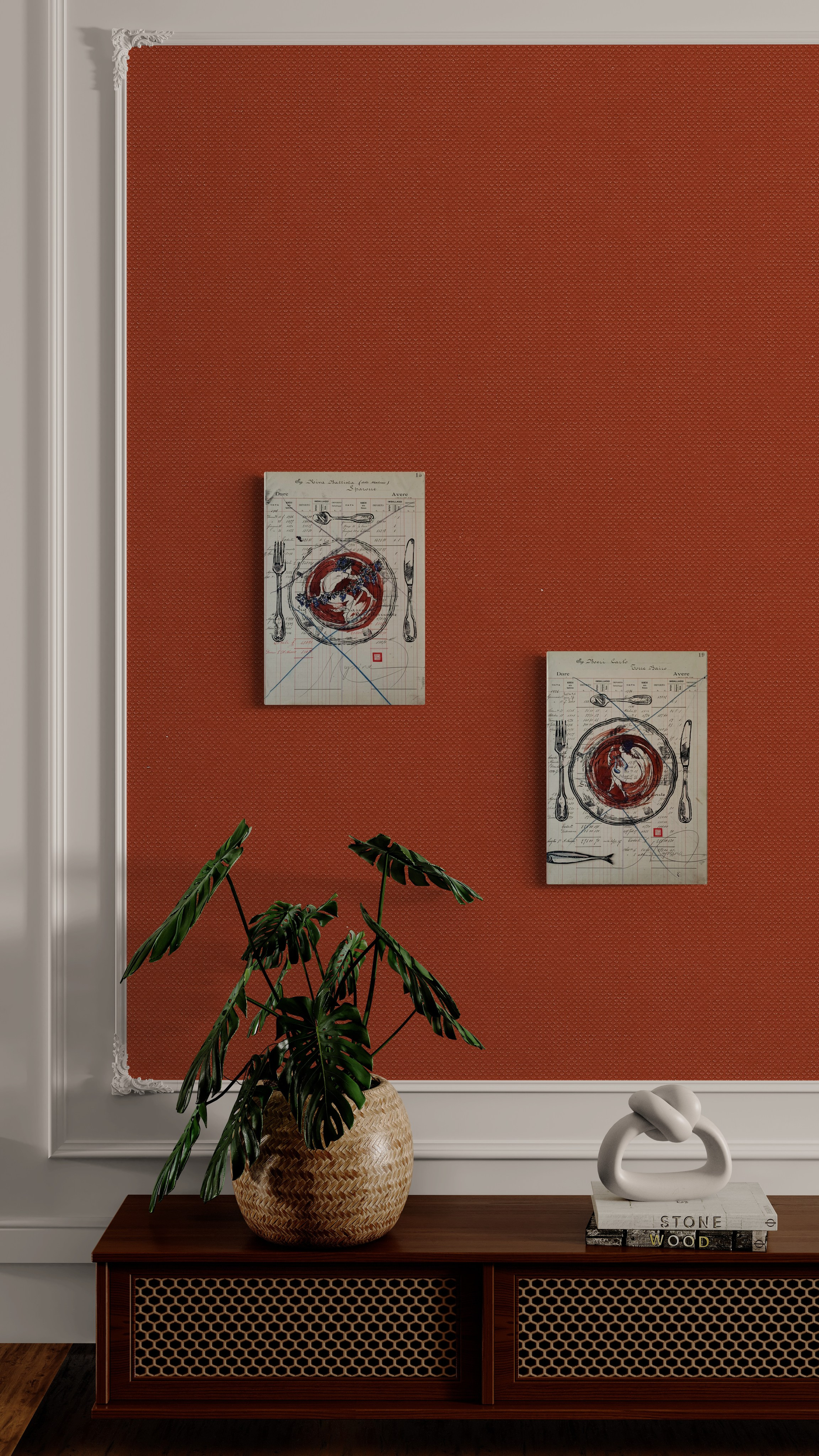 La serie Panem Quotidianum di Nadia Kuprina intreccia memoria italiana e suggestioni elleniche. Su pagine di un registro piemontese del primo Novecento, l’artista stampa a mano piatti e posate in linoleografia. Il piatto, dipinto in seppia, si ispira ai motivi decorativi delle antiche ceramiche greche, evocando figure e narrazioni circolari. Come nei vasi ellenici, il piatto diventa superficie narrativa: non solo oggetto d’uso, ma spazio simbolico dove il gesto del nutrirsi si trasforma in storia e rito.