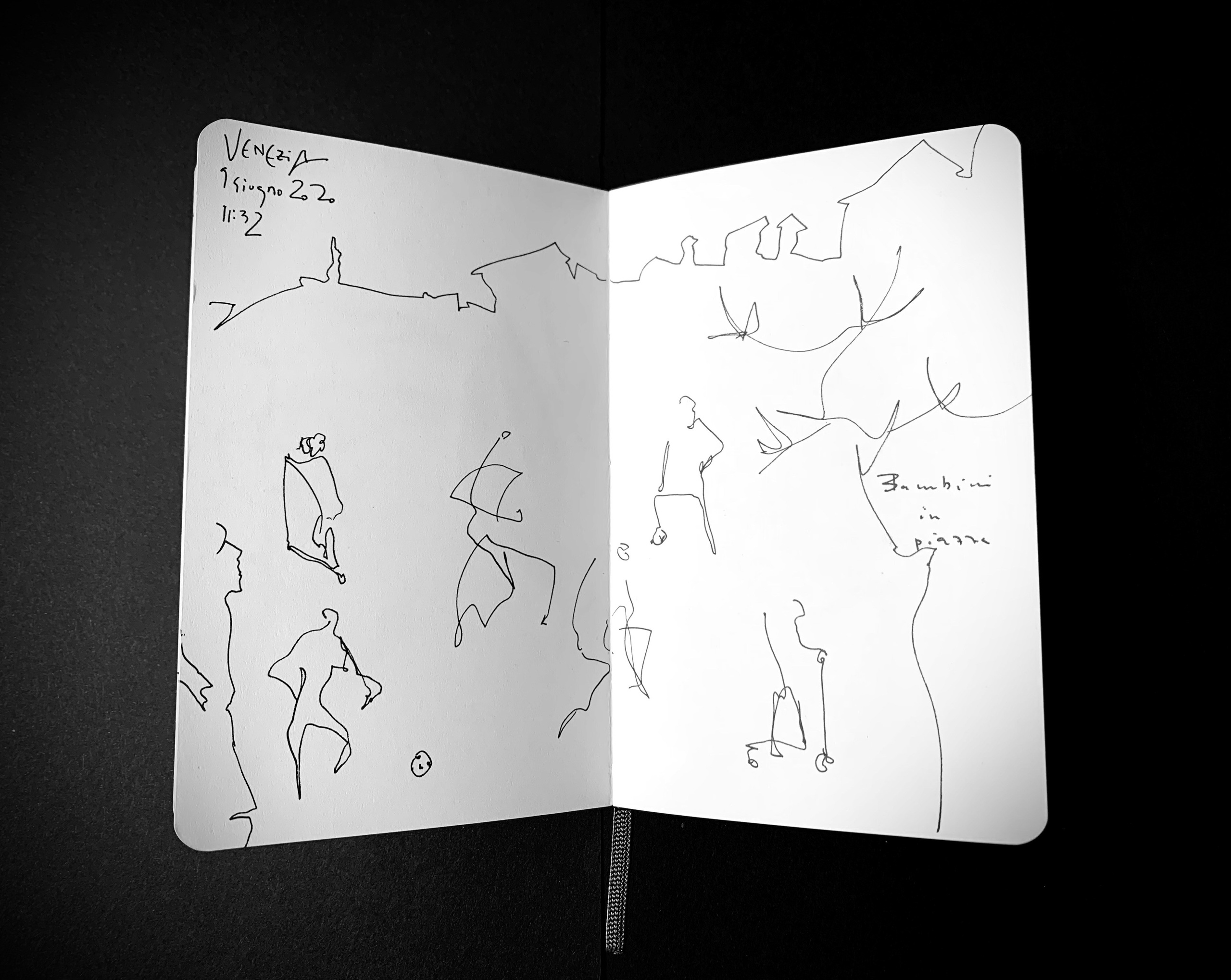 Moleskine notebook with hand-drawn sketches made in Venice, serving as an artist’s visual diary and personal testimony within a contemporary practice. Character drawing study.
