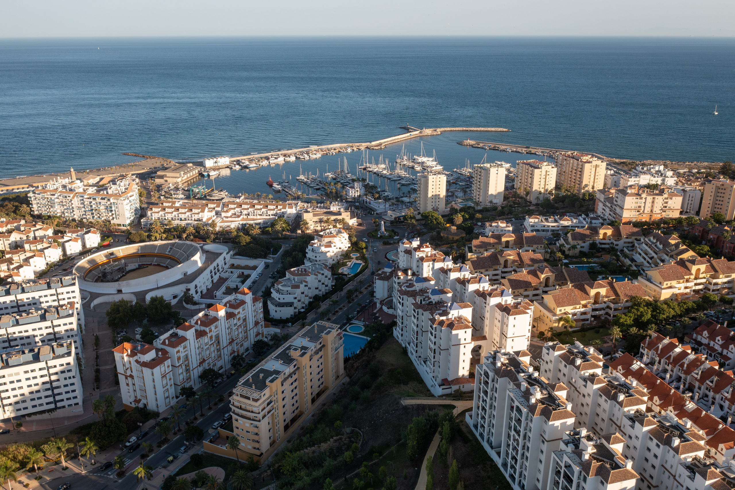 Aerial capture of Estepona historic architecture and coast by real estate photographer