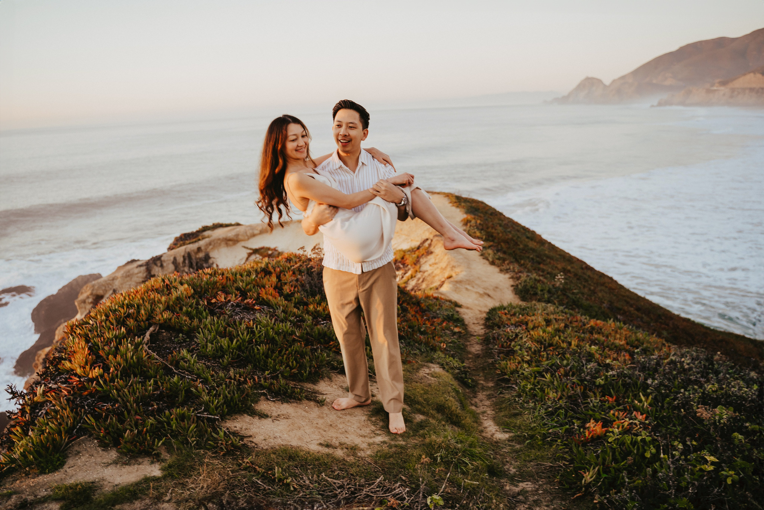 A photo shoot on the San Francisco beach at sunset. Engagement session. 