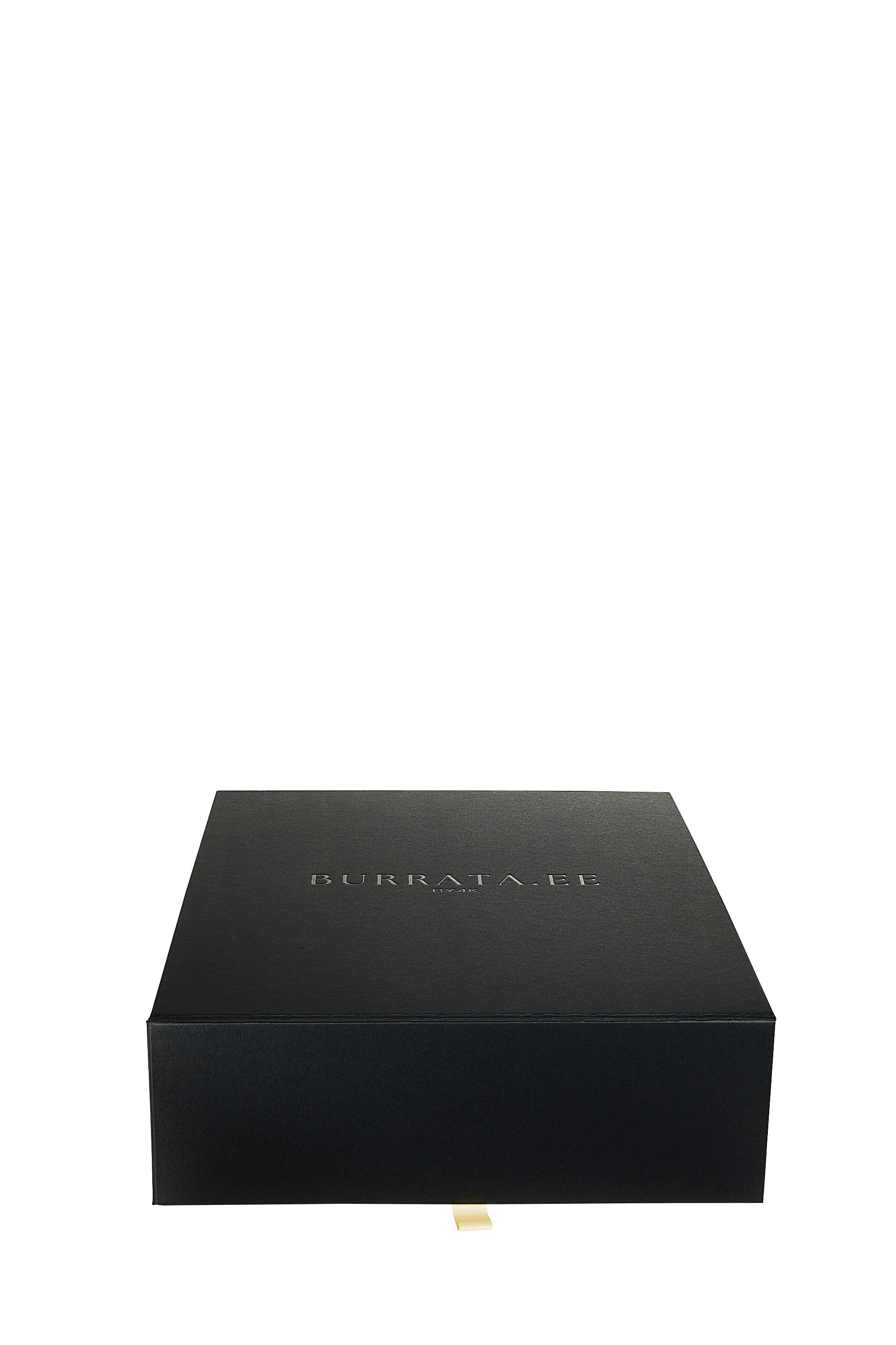 Black branded Burrata cardboard gift box for a wine set with embossed logo, premium packaging product photography.