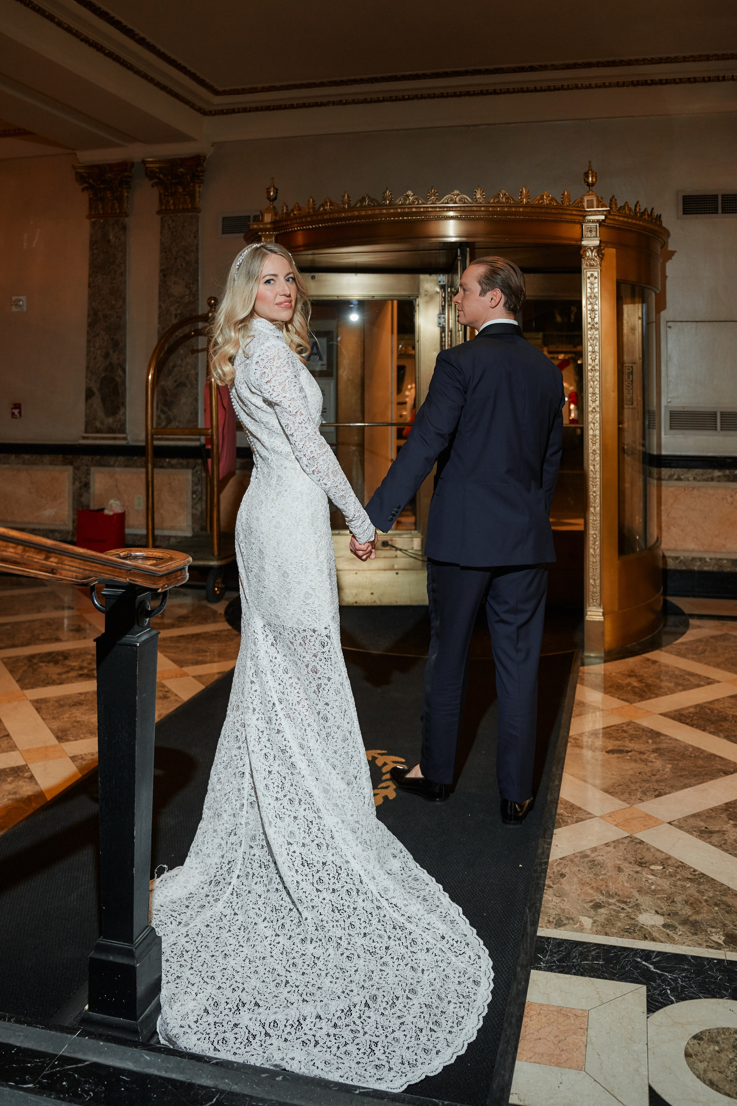 Elegant wedding portrait of bride and groom inside luxury New York wedding venue