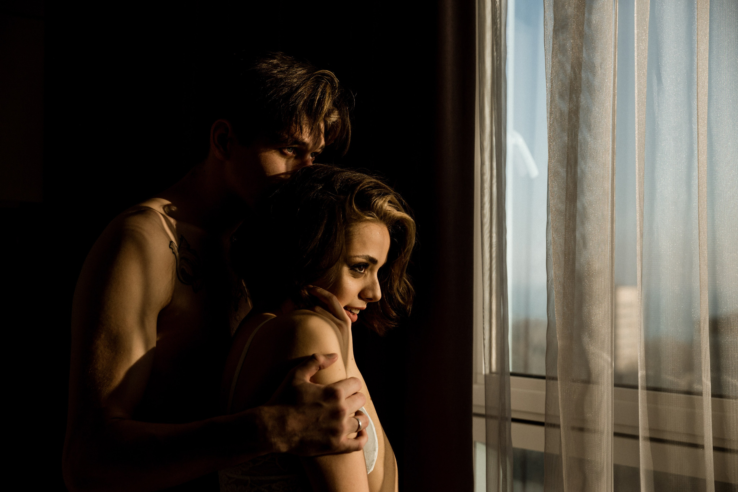 Bride and groom together at the sea, intimate destination wedding Italy