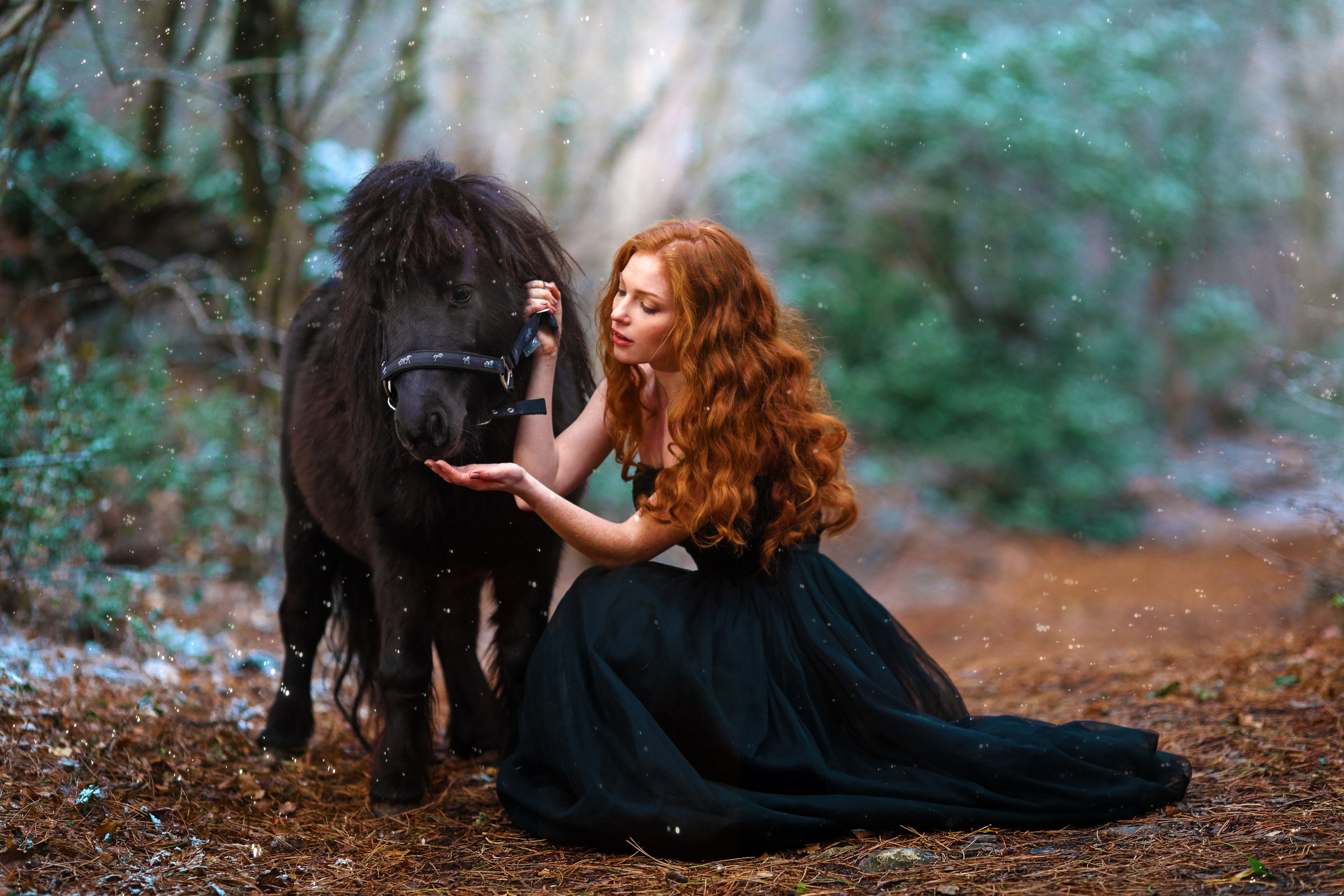 Model posing with a pony in the forest. The pony's gentle eyes and the model's serene expression create a harmonious image. This photograph celebrates the quiet beauty of wildlife and the peaceful coexistence of people and nature, emphasizing respect and admiration for wild animals.