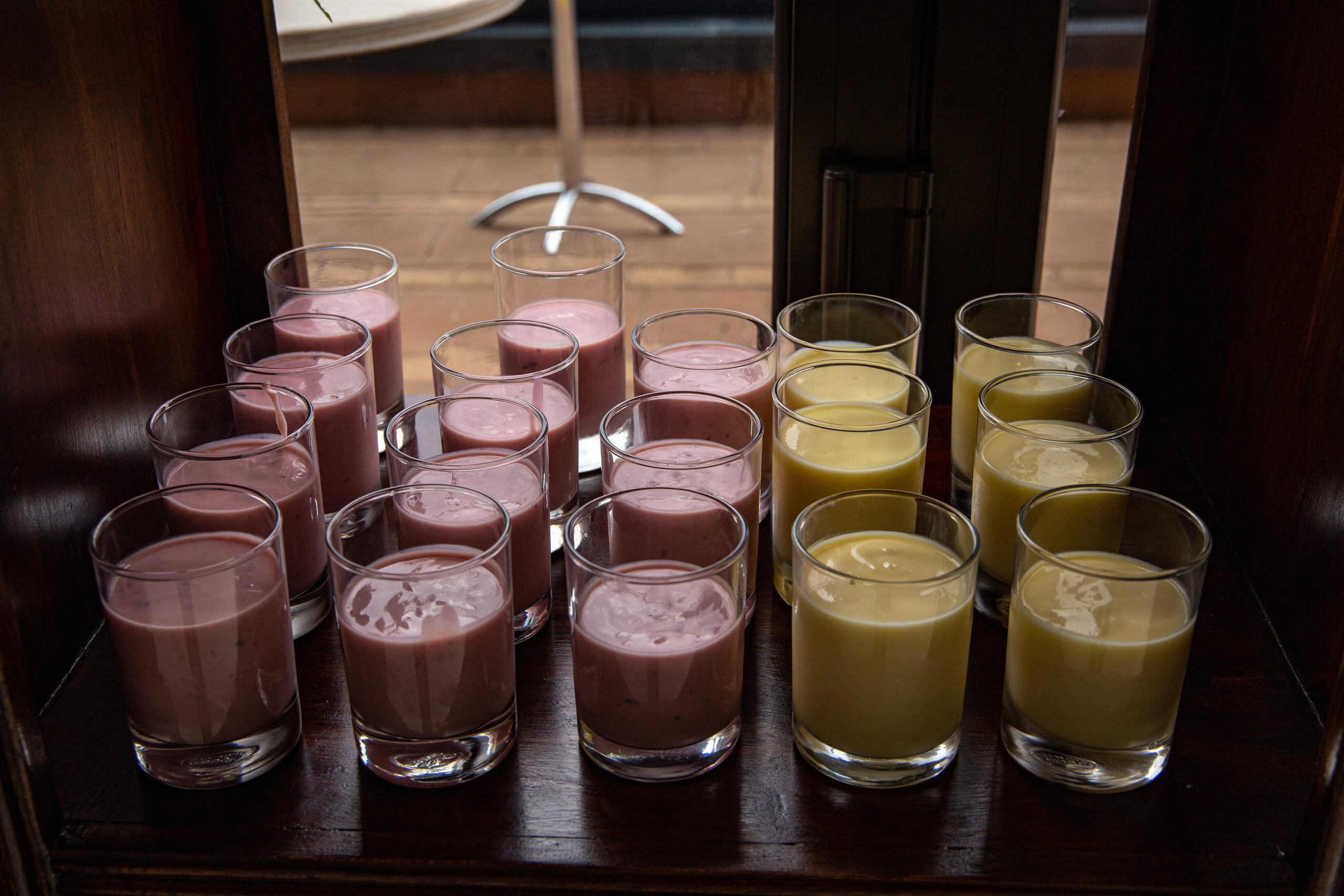 Smoothies arranged symmetrically at a corporate luncheon at Radisson Blue hotel, Upperhill