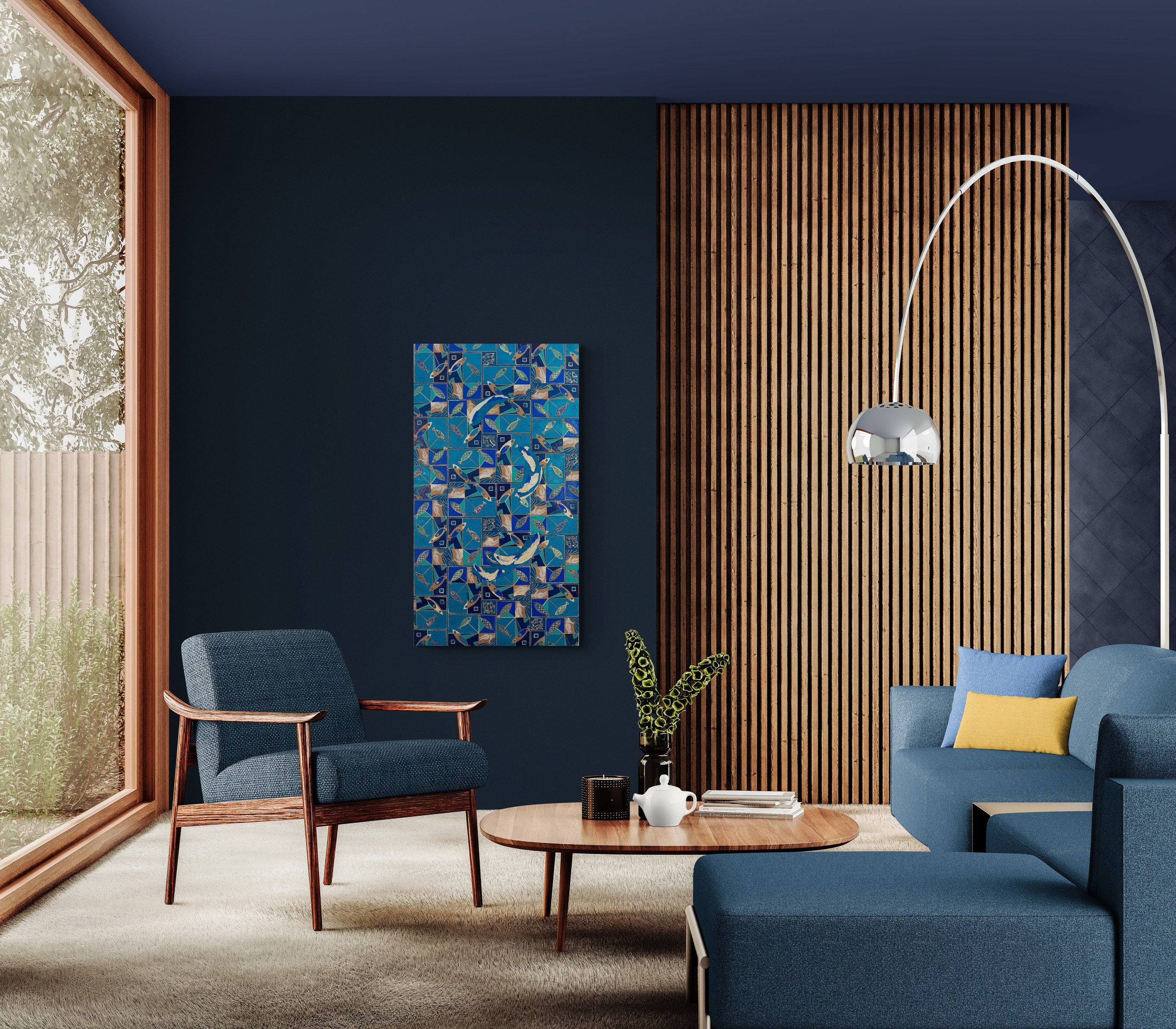 «Fish O ‘Clock» Tecnica mista, stampa su tela, ricamo su tela, olio su tela 70×130 cm. Nadia Kuprina. Artist