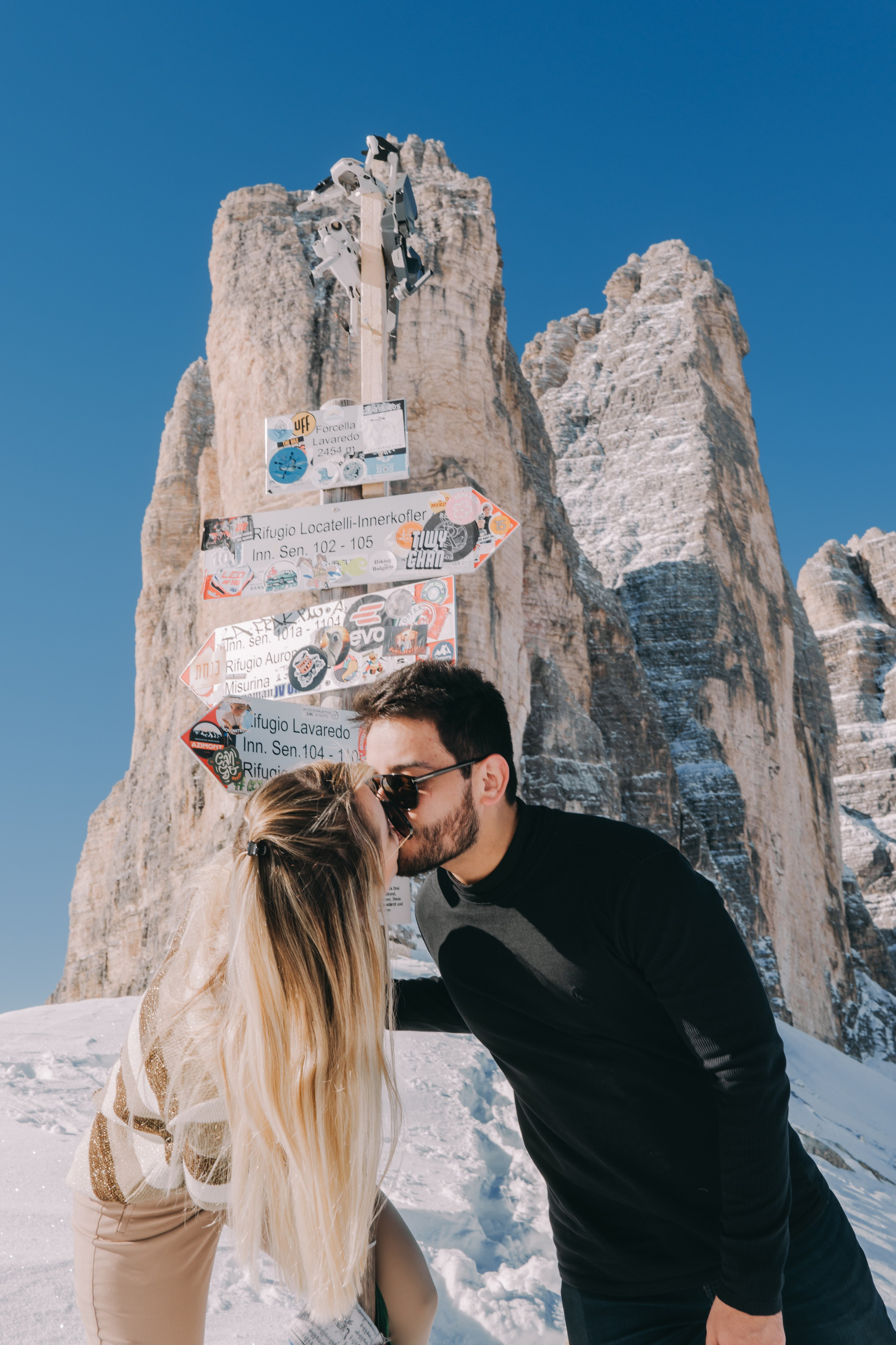 Photographer near Three Peaks in the Dolomites