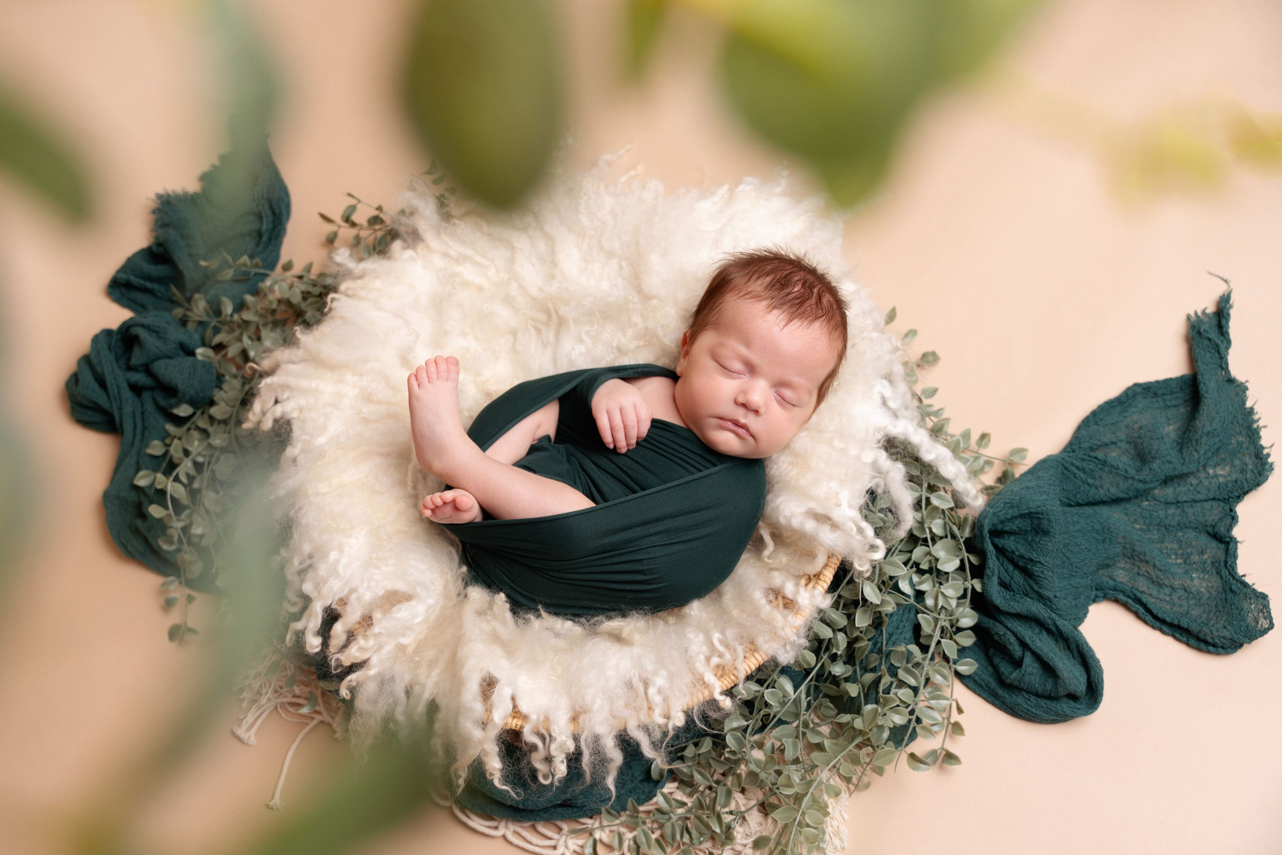 Studiofoto eines Babys mit Zimmerblumen