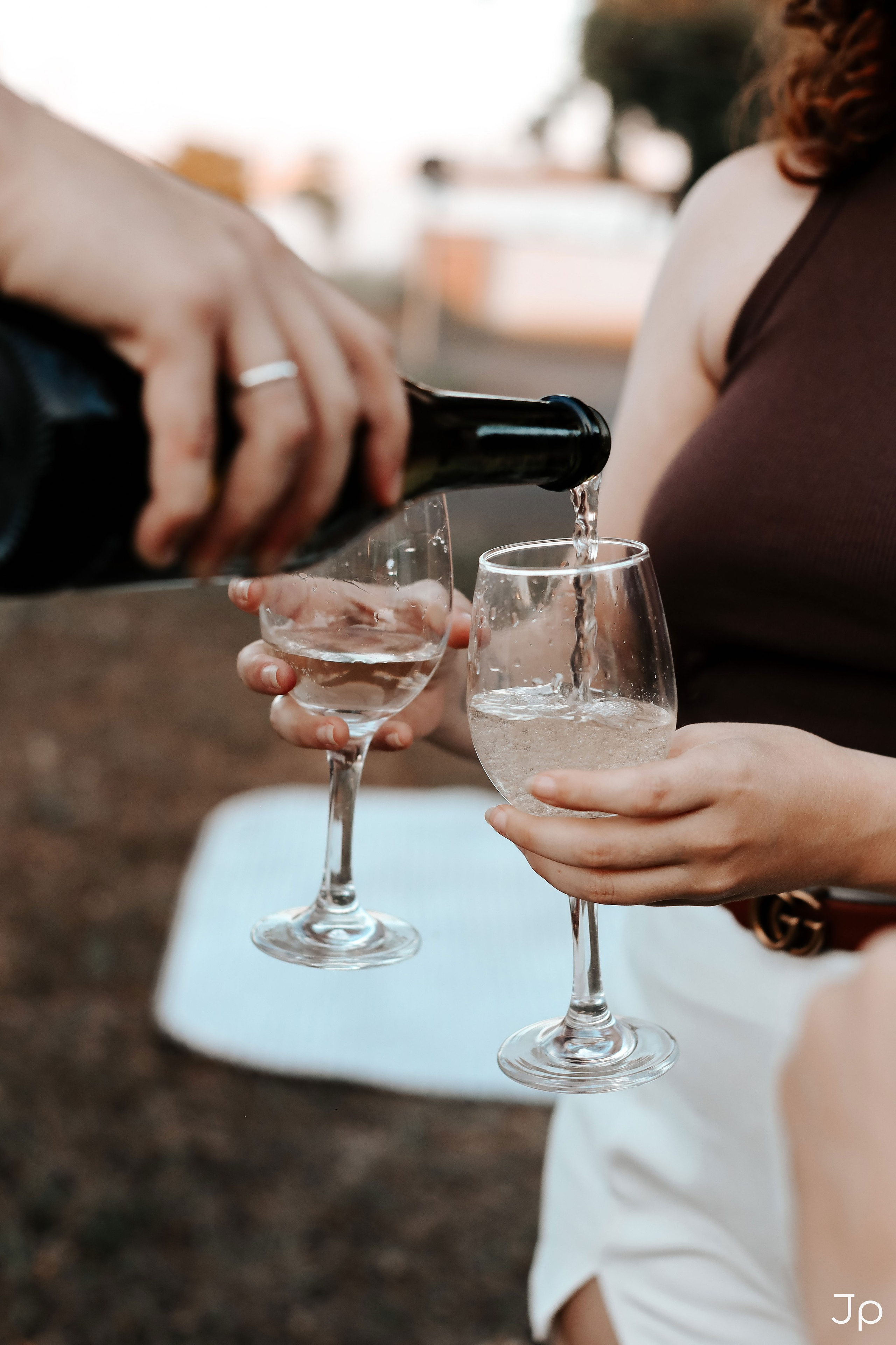 Casal brindando com taças de vinho no piquenique em Bariri