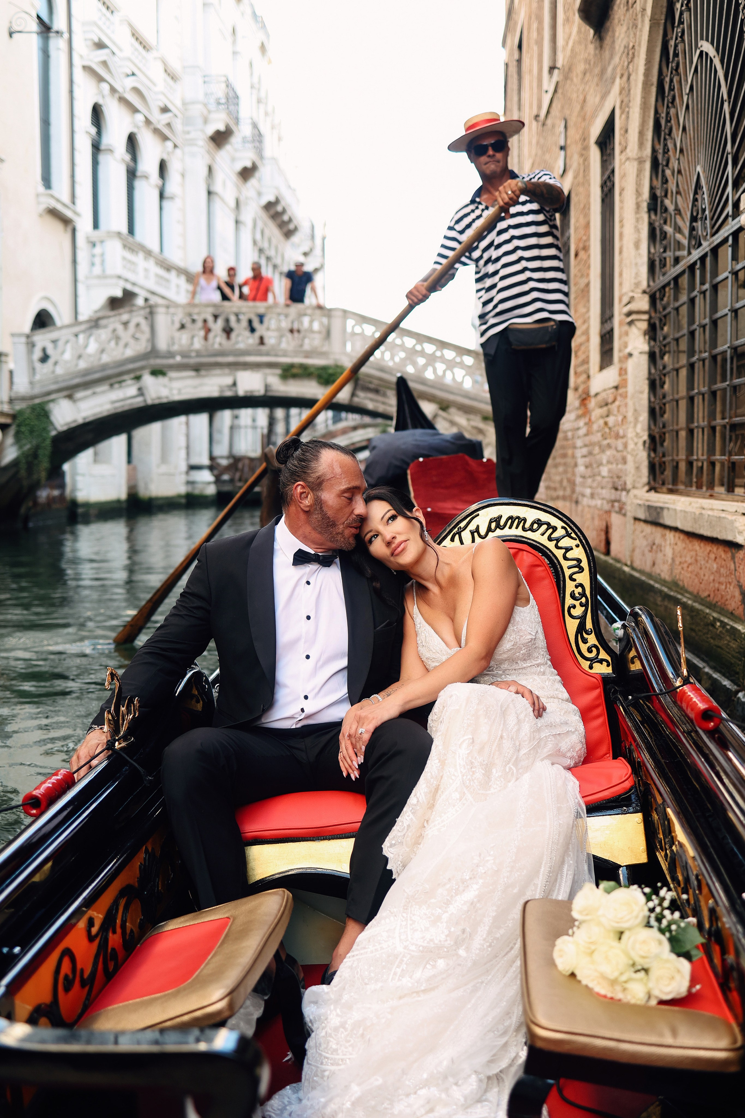 Bride and groom on the gondola ride 