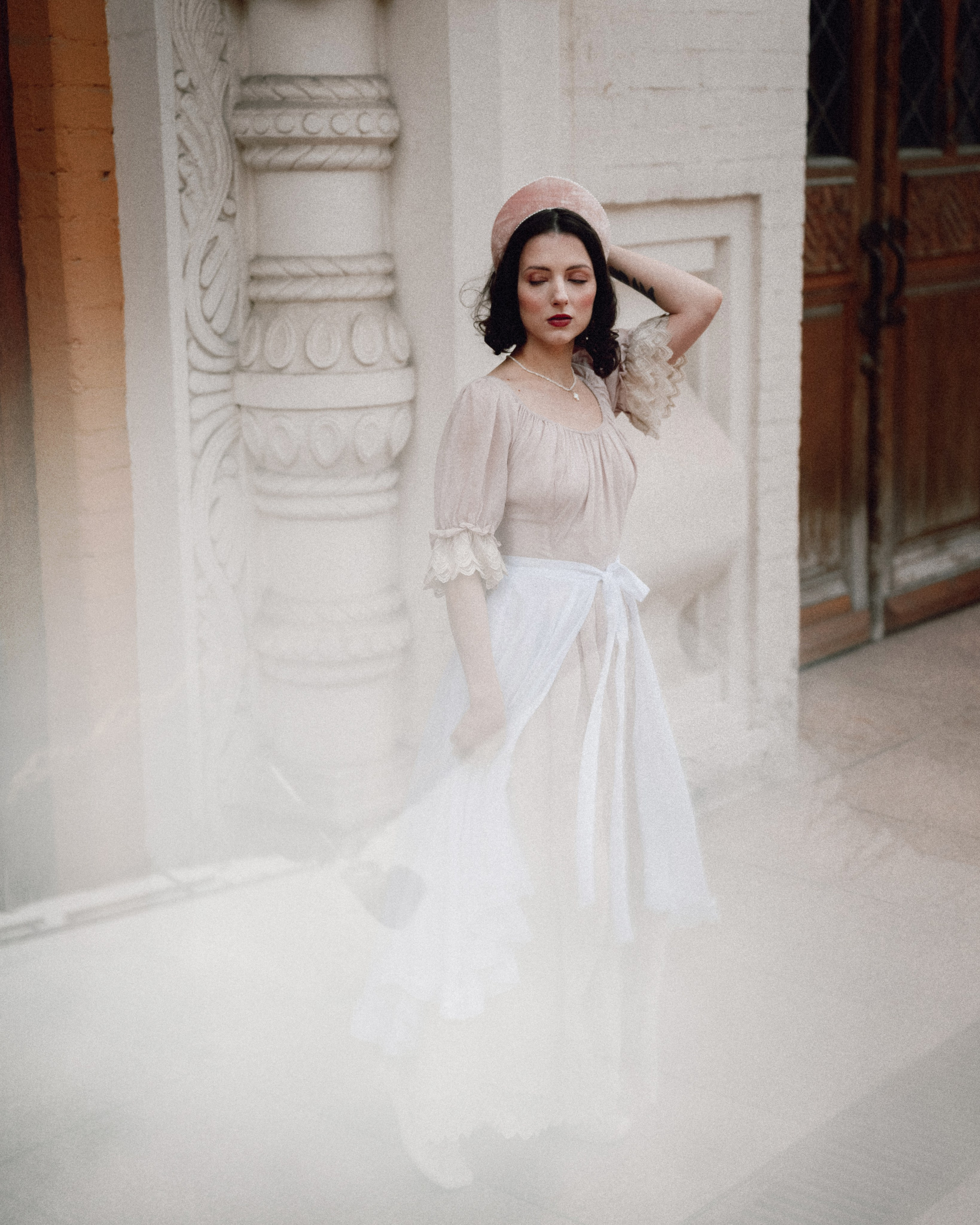 Slavic folklore shoot in traditional headwear and white dress. Moth & Moss Photography