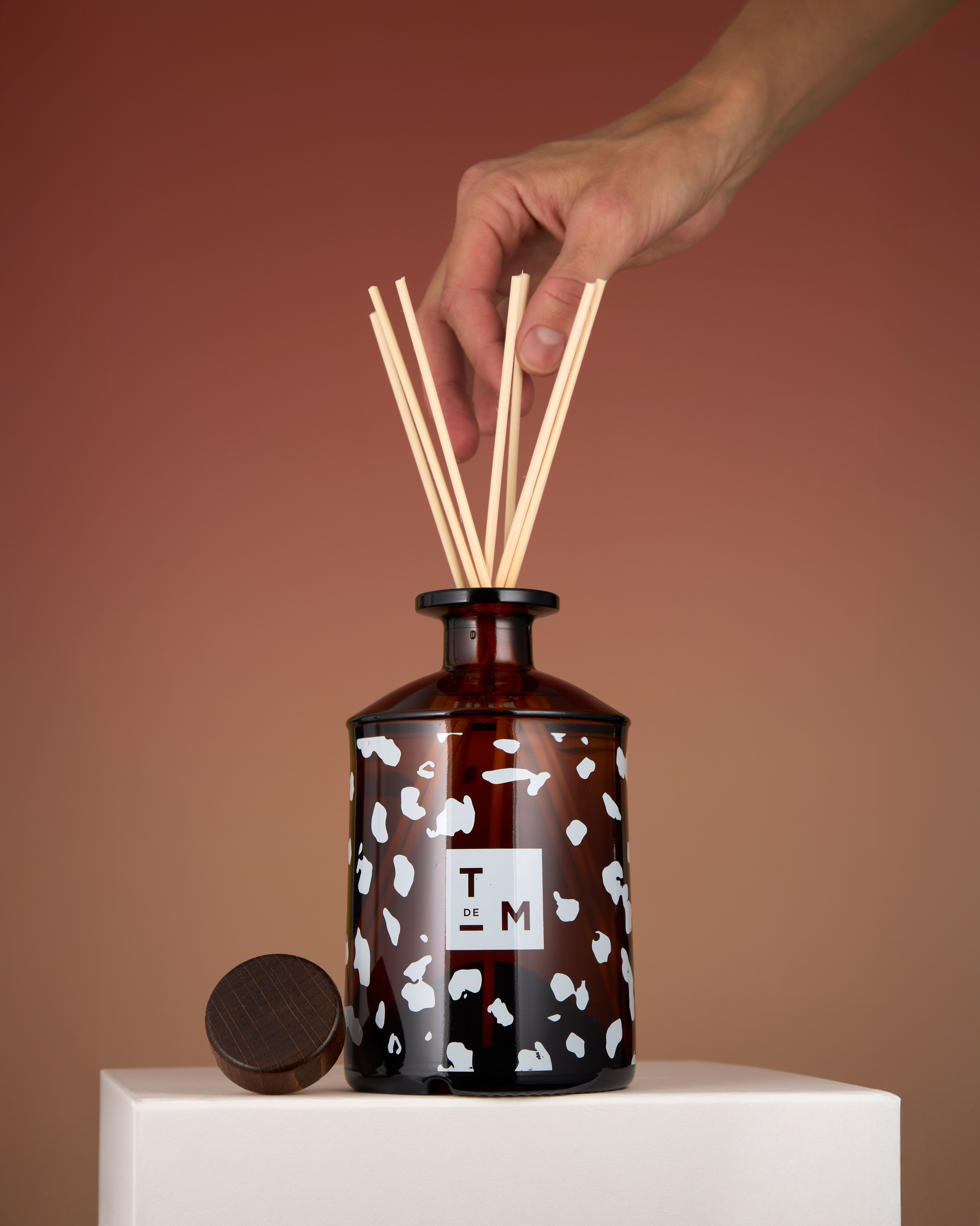 Diffusor für Zuhause mit Hand, die Duftstäbchen aus dem Glas nimmt, Content-Fotografie für Social Media, Aufnahme für Werbung, Print, Webseiten und Banner