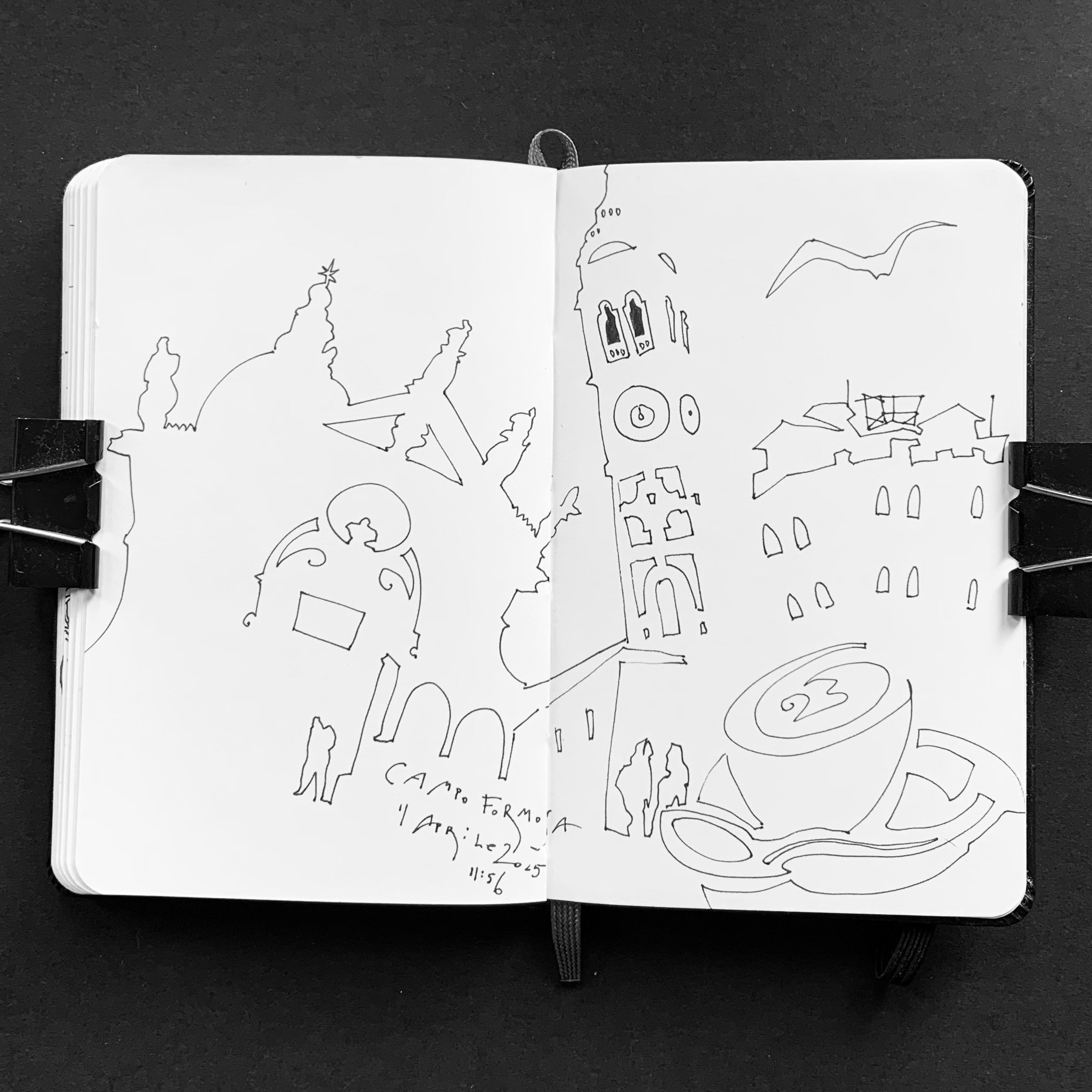 Moleskine notebook with original hand-drawn works on paper created in Venice, part of Nadia Kuprina’s contemporary drawing practice. A linear drawing of a cappuccino on a square with church.