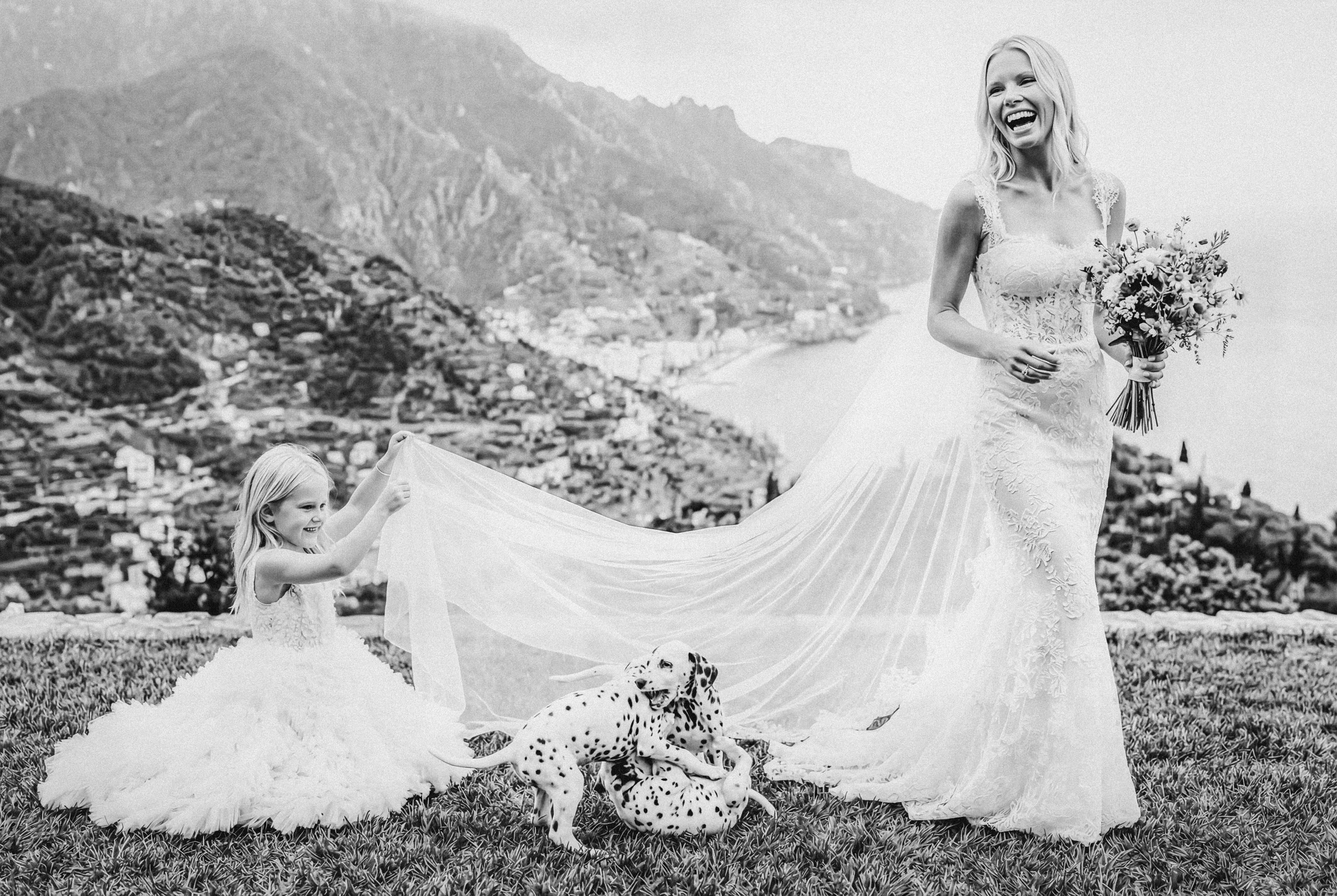 The girl is fixing a veil of the bride while puppies of dalmatines are playing cheerfully