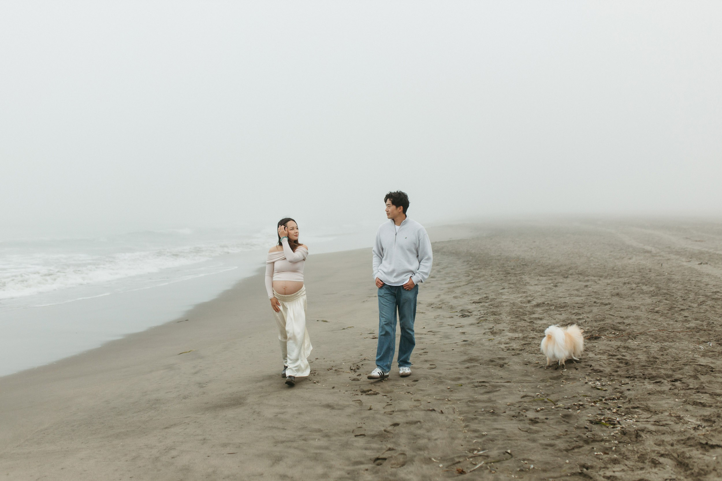 moody overcast ocean beach photo session