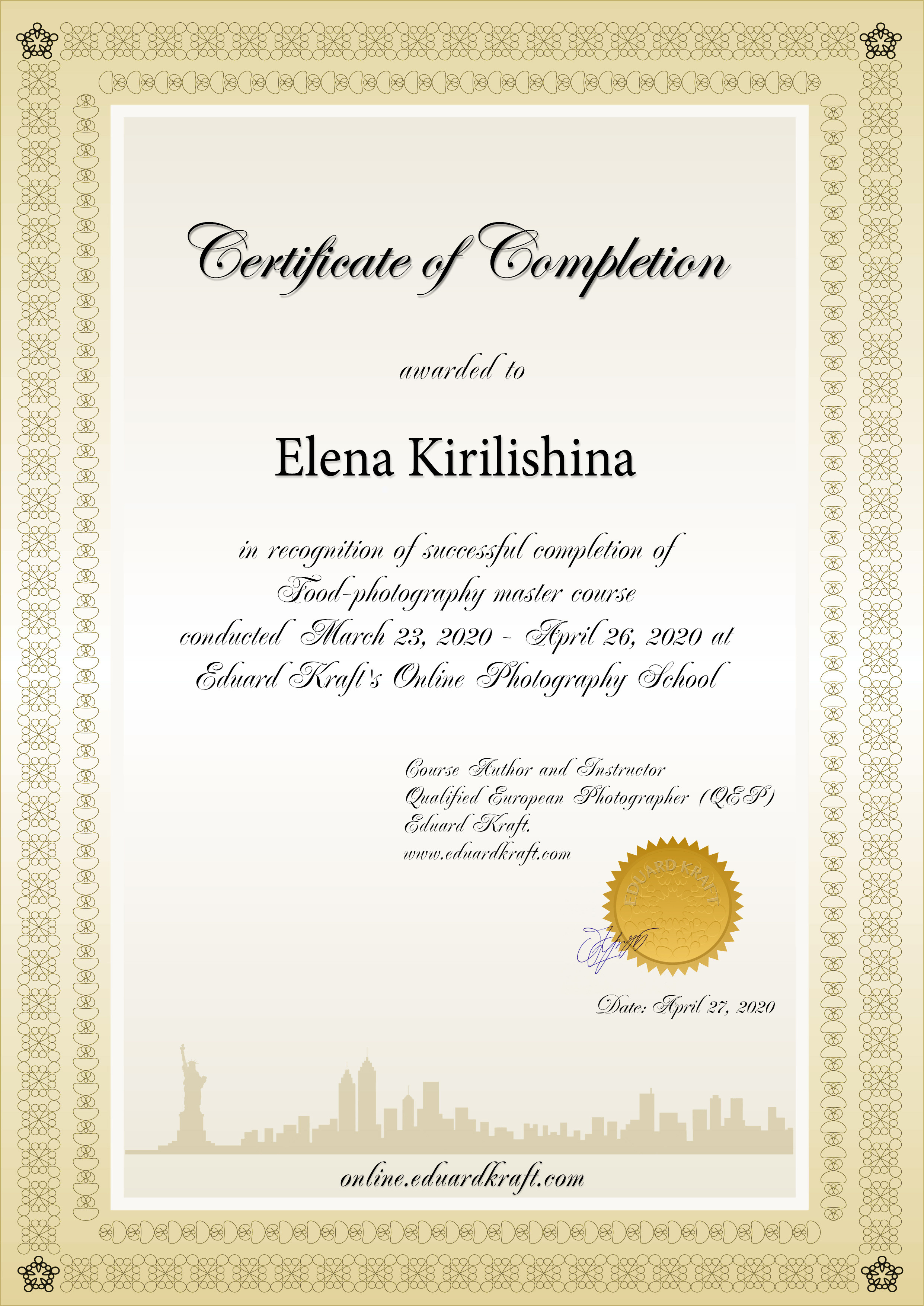 CERTIFICATES/AWARDS. Photographer in Cyprus Lena Kirilishina