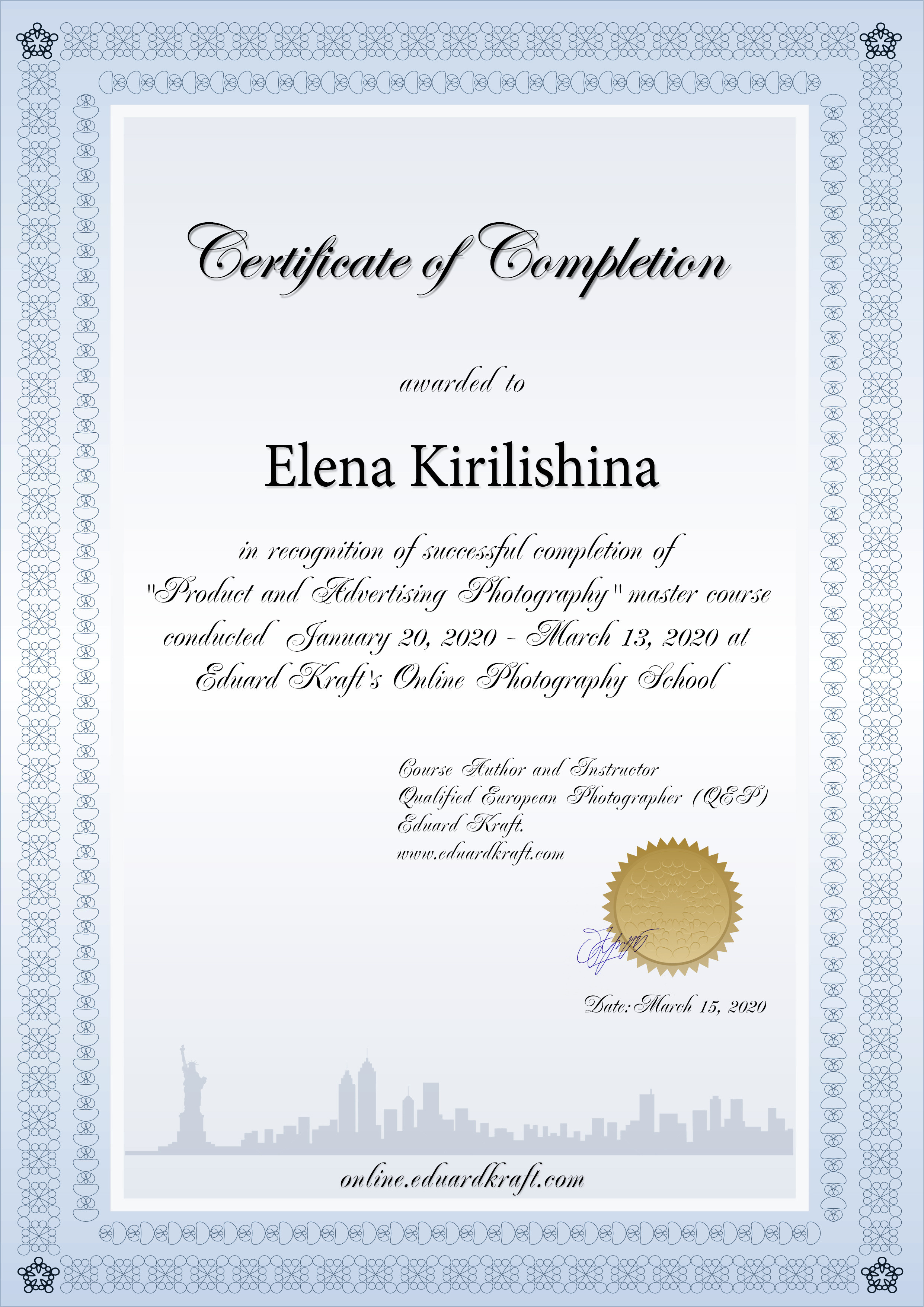 CERTIFICATES/AWARDS. Photographer in Cyprus Lena Kirilishina