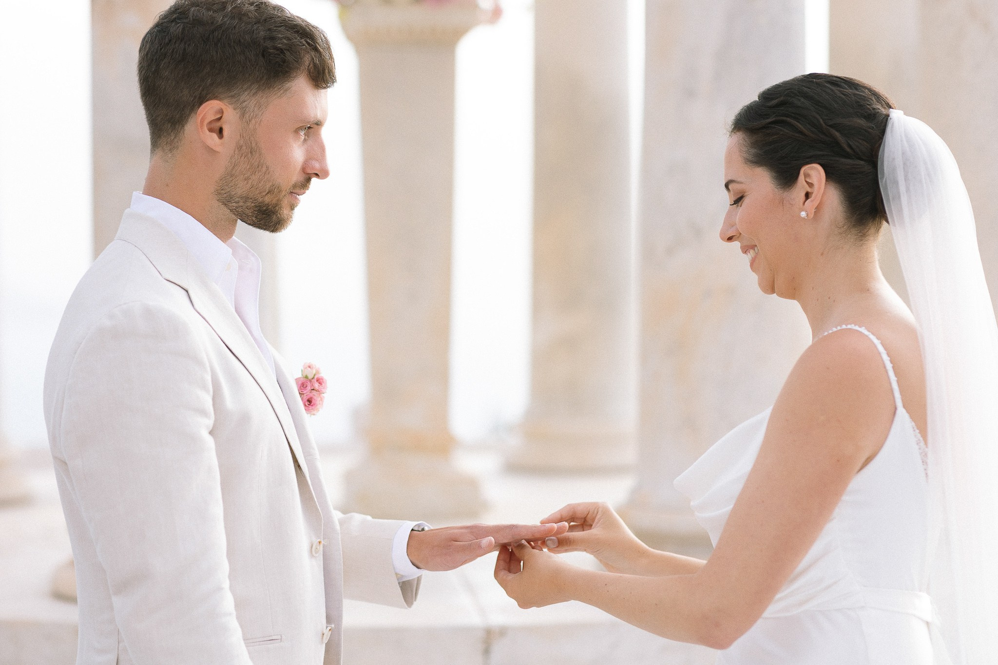 Bride and groom exchanging rings at Son Marroig ceremony