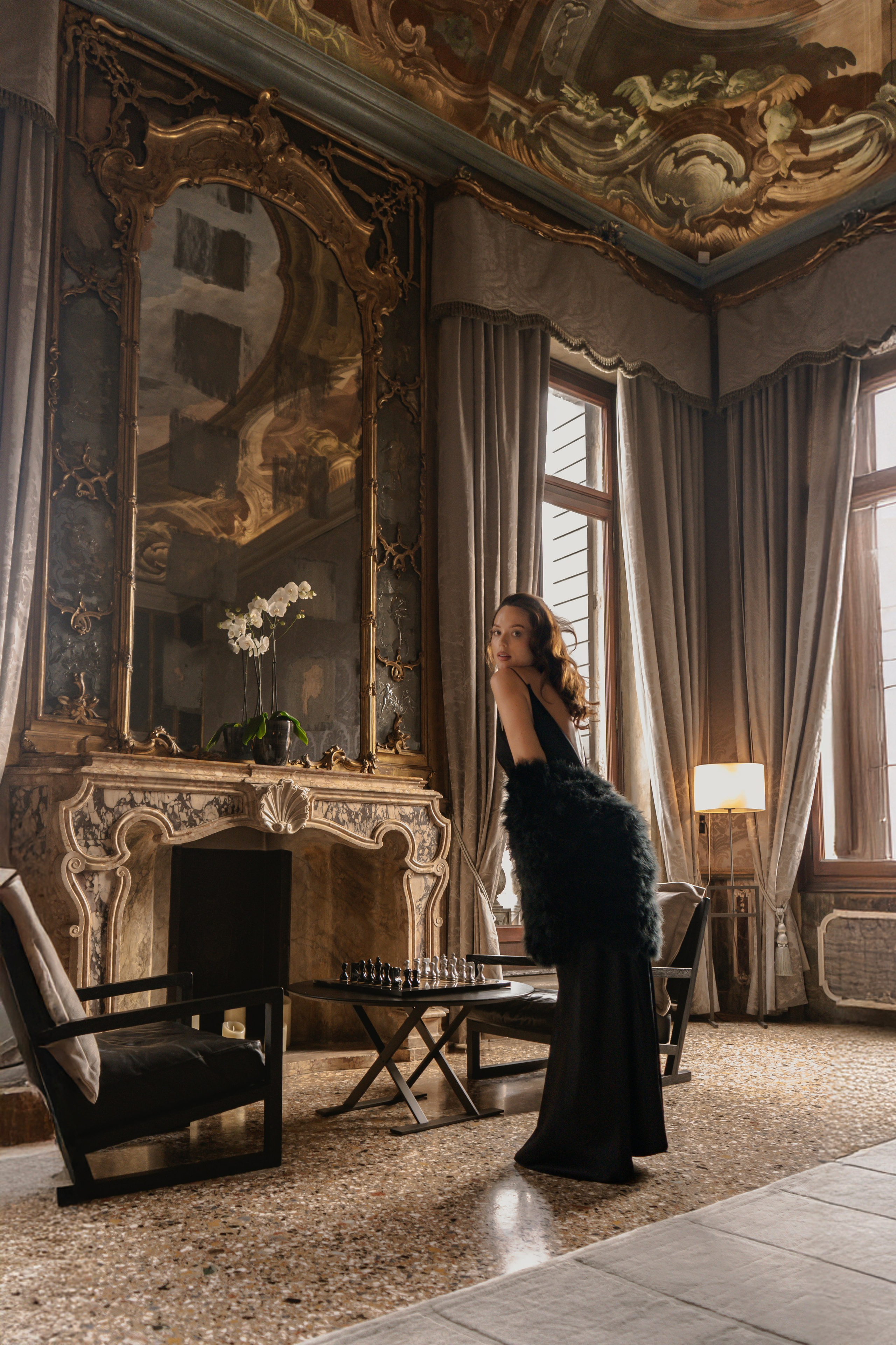 Branding photoshoot Venice for blogger in silk dress near Grand Canal