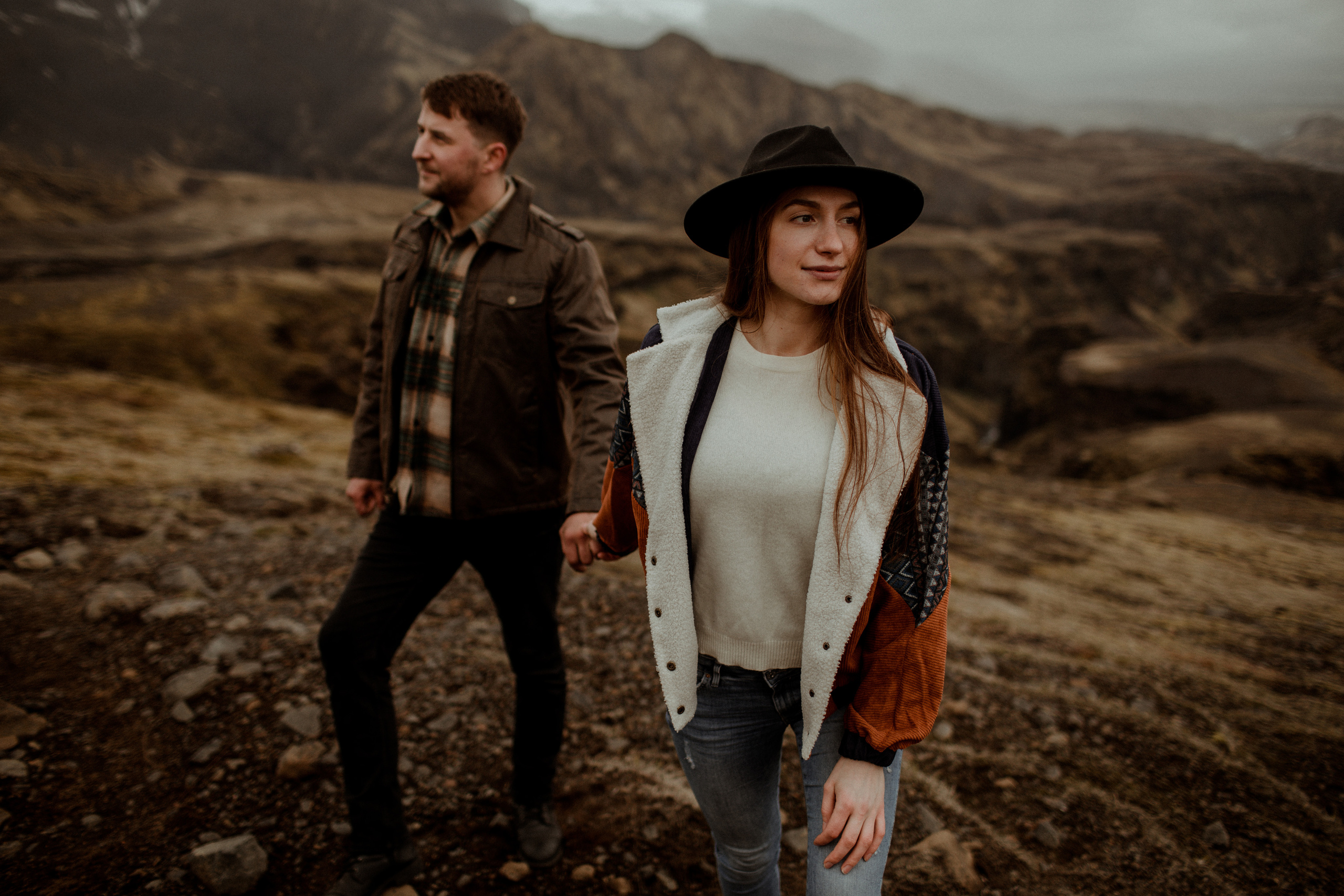 Hiking photoshoot in highlands of Iceland. Iceland elopement photographer & videographer