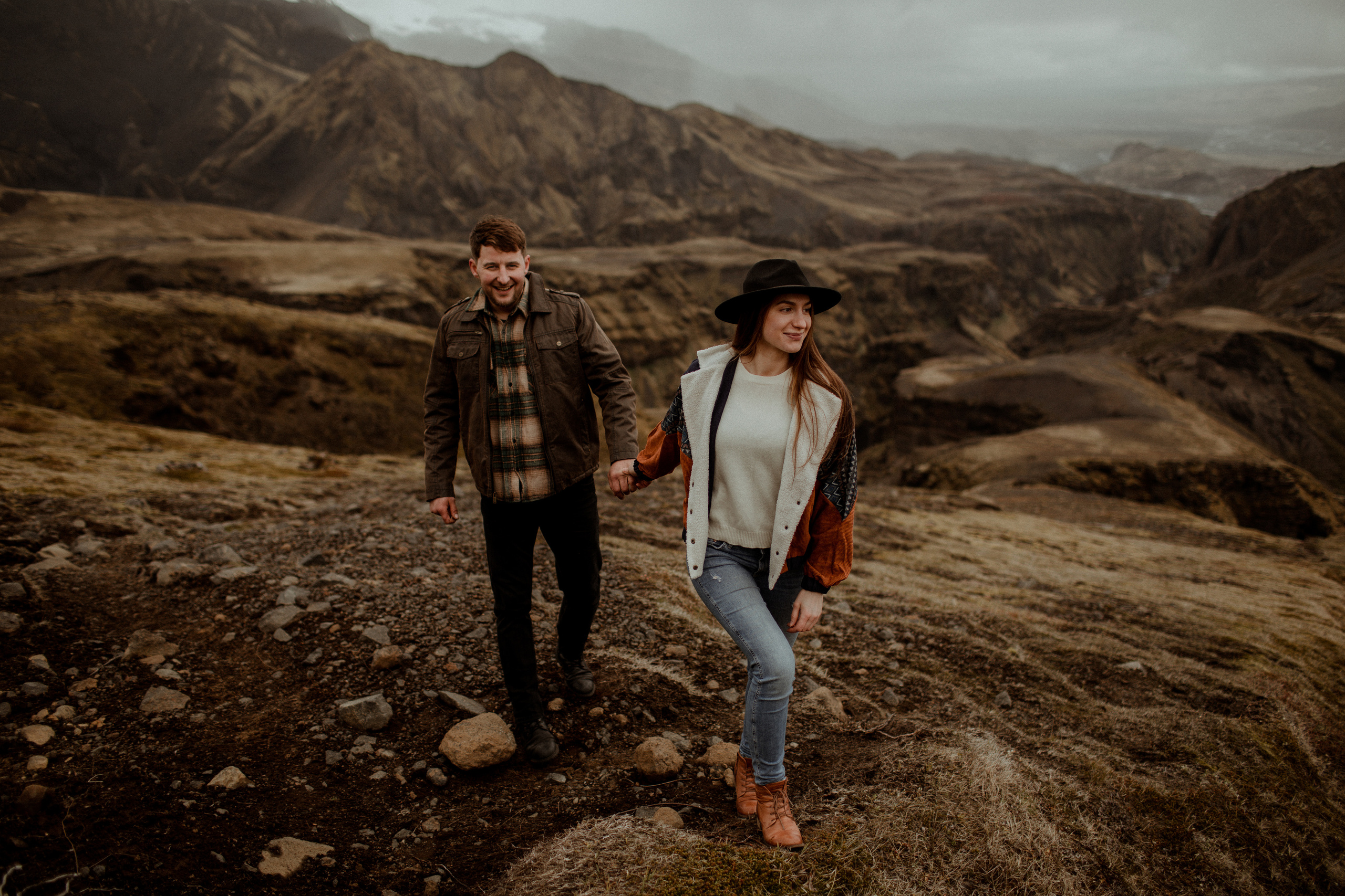 Hiking photoshoot in highlands of Iceland. Iceland elopement photographer & videographer