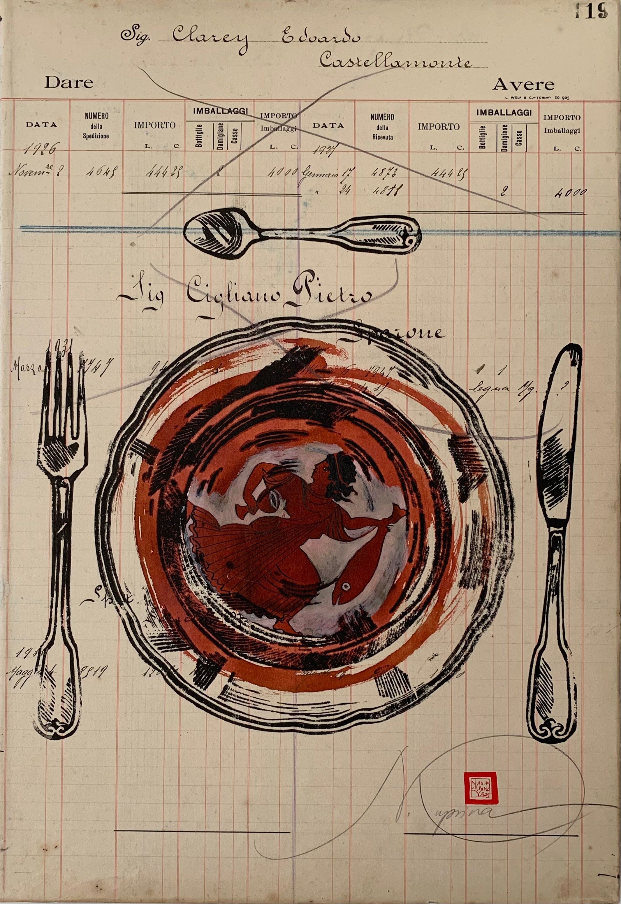 La serie Panem Quotidianum di Nadia Kuprina si configura come un intervento di riattivazione archivistica e simbolica. Un registro contabile piemontese (1918–1930), con nomi e acquisti dei clienti, diventa supporto e matrice concettuale. Il numero della pagina determina il titolo dell’opera. Su questa struttura documentaria l’artista stampa a mano piatti e posate in linoleografia, dipingendo il piatto in inchiostro seppia con riferimenti decorativi alle ceramiche elleniche. Il lavoro costruisce un dialogo tra antico e moderno, tra economia e ritualità, trasformando il pasto condiviso in dispositivo narrativo e antropologico.