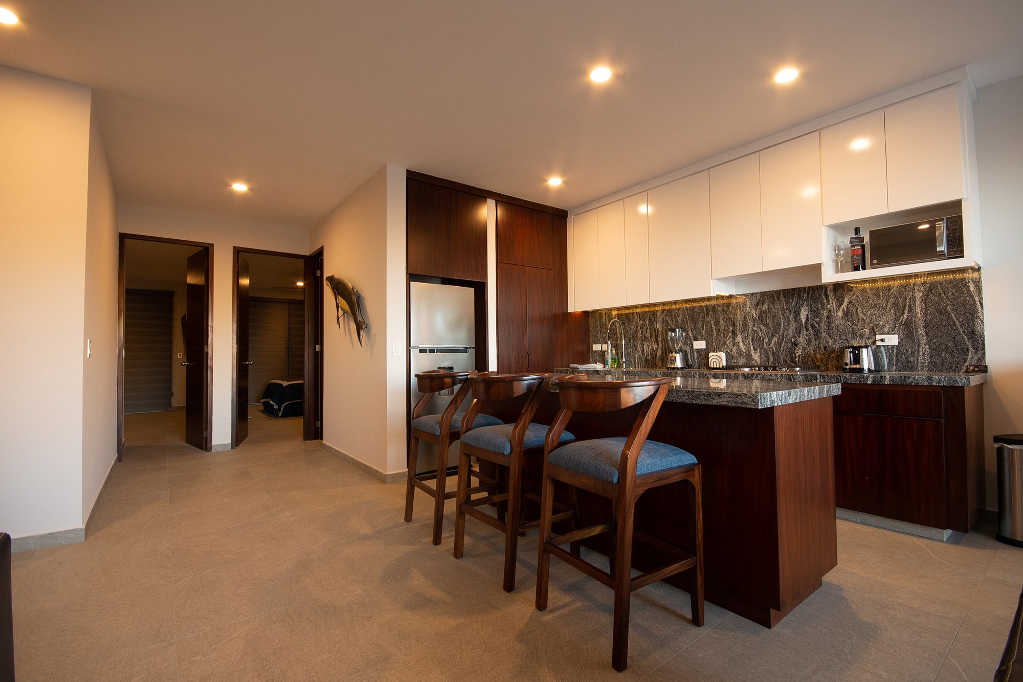 Minimalist kitchen in Cabo San Lucas – chocolate wood doors and modern cabinetry, professional interior property photography