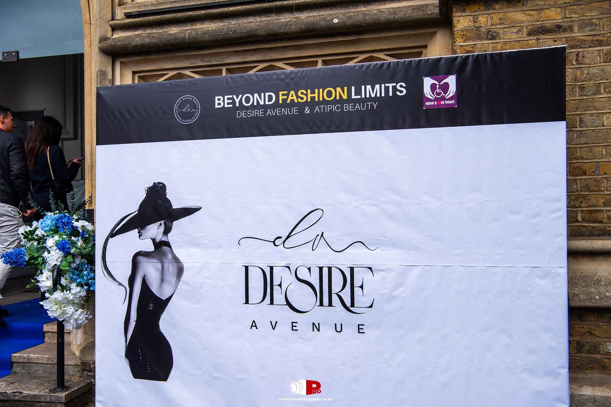 Event banner for "Beyond Fashion Limits" featuring Desire Avenue and Atipic Beauty, promoting inclusive fashion.