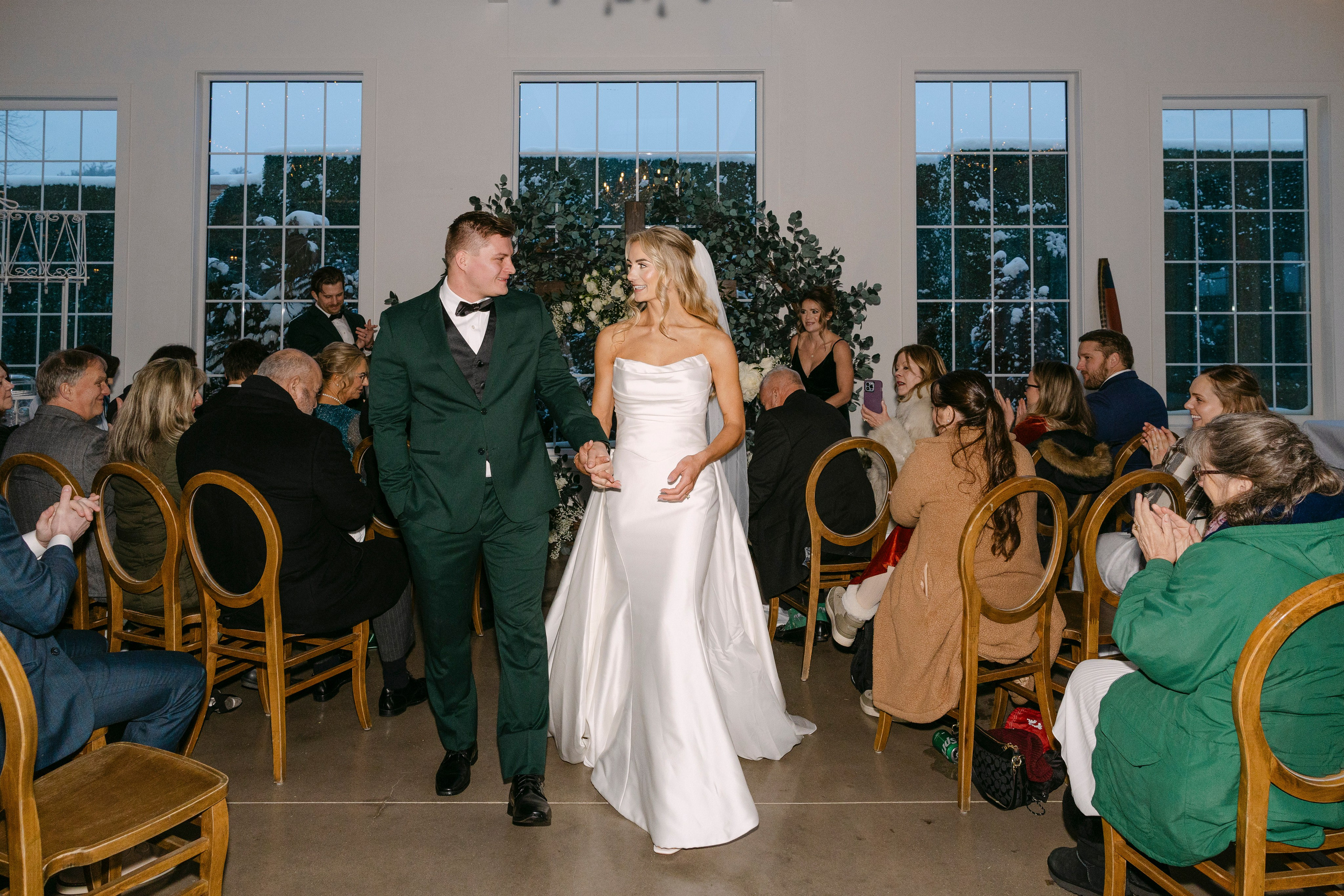Winter Snow Wedding at Luxe Glass House at River Mill | A Rare & Romantic North Carolina Celebration. Wedding and portrait photography in Greenville SC