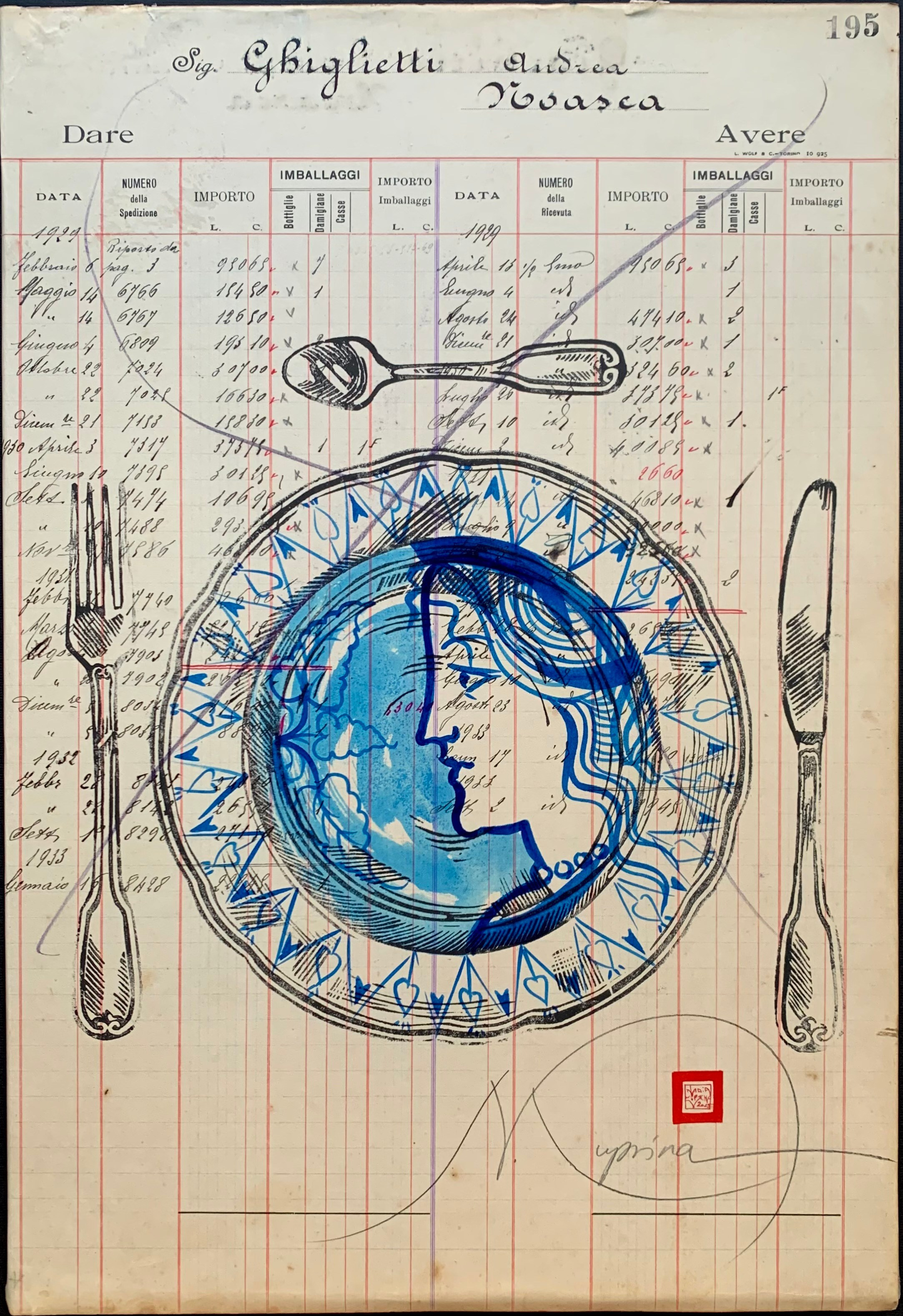 In Panem Quotidianum, Nadia Kuprina trasforma un registro contabile del 1918–1930 in un’opera che unisce memoria e gesto contemporaneo. Ogni pagina — con il nome e gli acquisti di un cliente — diventa un pezzo unico, identificato dal suo numero originale. I piatti e le posate sono stampati a mano in linoleografia; il piatto, dipinto Lavoro appartenente alla serie Panem Quotidianum, basata su registri contabili storici (1918–1930). L’artista interviene su ogni pagina attraverso linoleografie manuali di piatti e posate, inserendo nel centro un profilo dipinto in blu. Il numero di pagina determina il titolo, mantenendo la struttura archivistica originaria. Il riferimento ai piatti nuziali rinascimentali (Deruta) introduce una dimensione celebrativa e rituale, attivando un dialogo tra memoria economica, identità e iconografia conviviale.