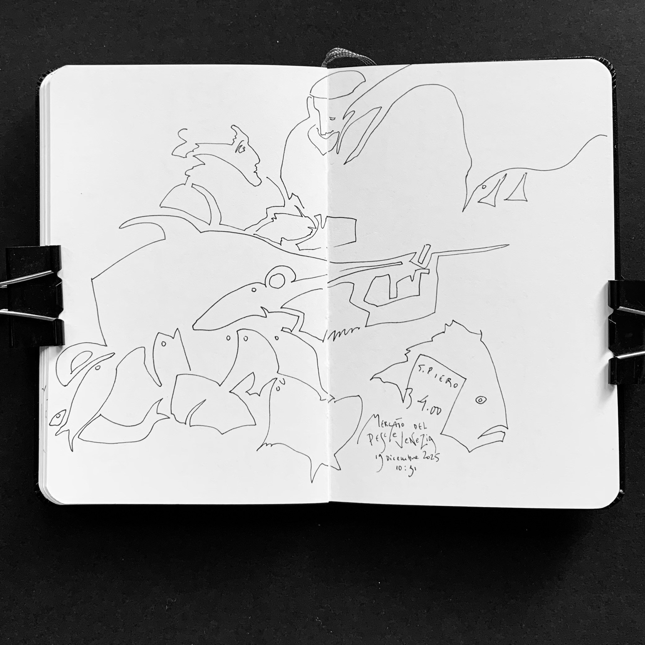 Moleskine notebook with hand-drawn sketches made in Venice, serving as an artist’s visual diary and personal testimony within a contemporary practice. Minimalist drawing of fish.