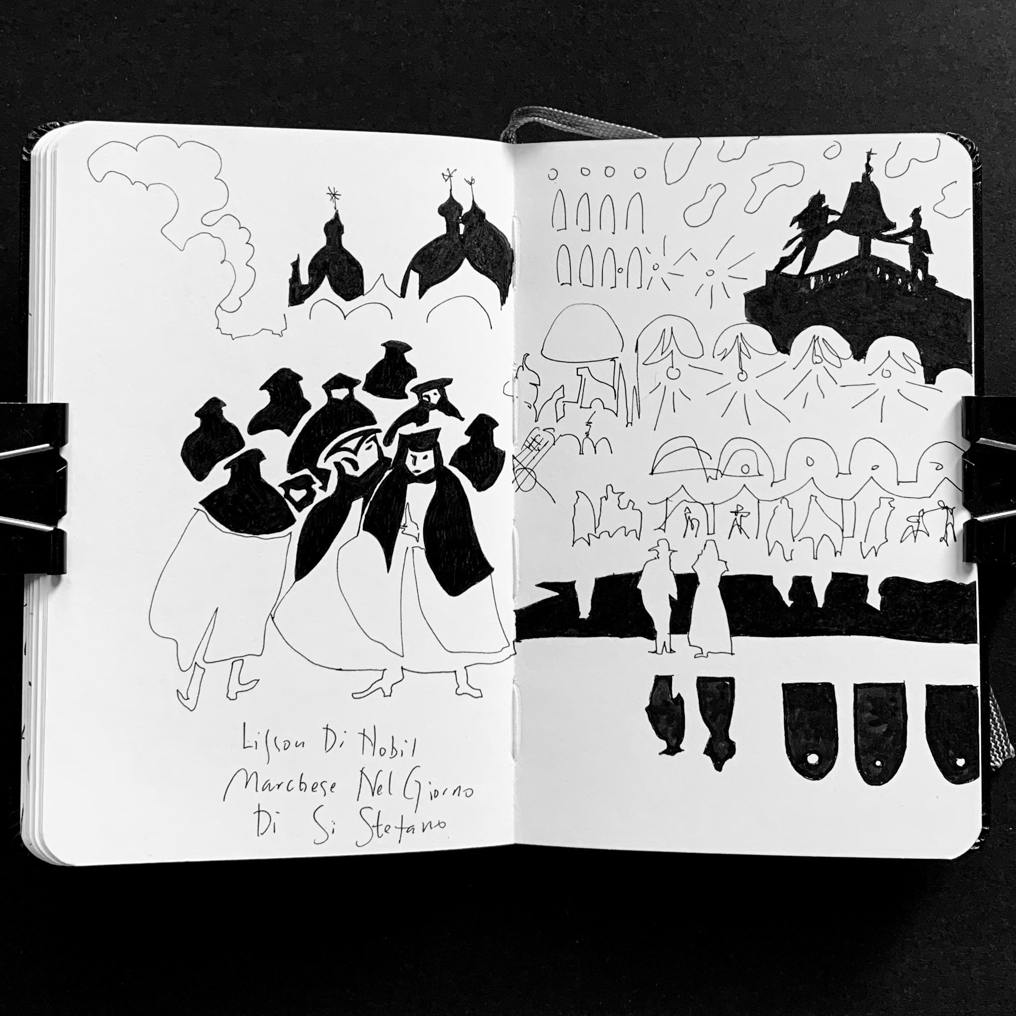 Moleskine notebook with original drawings made in Venice, works on paper by Nadia Kuprina, contemporary artist living and working in Venice. A black and white drawing of costumed characters in San Marco Square.
