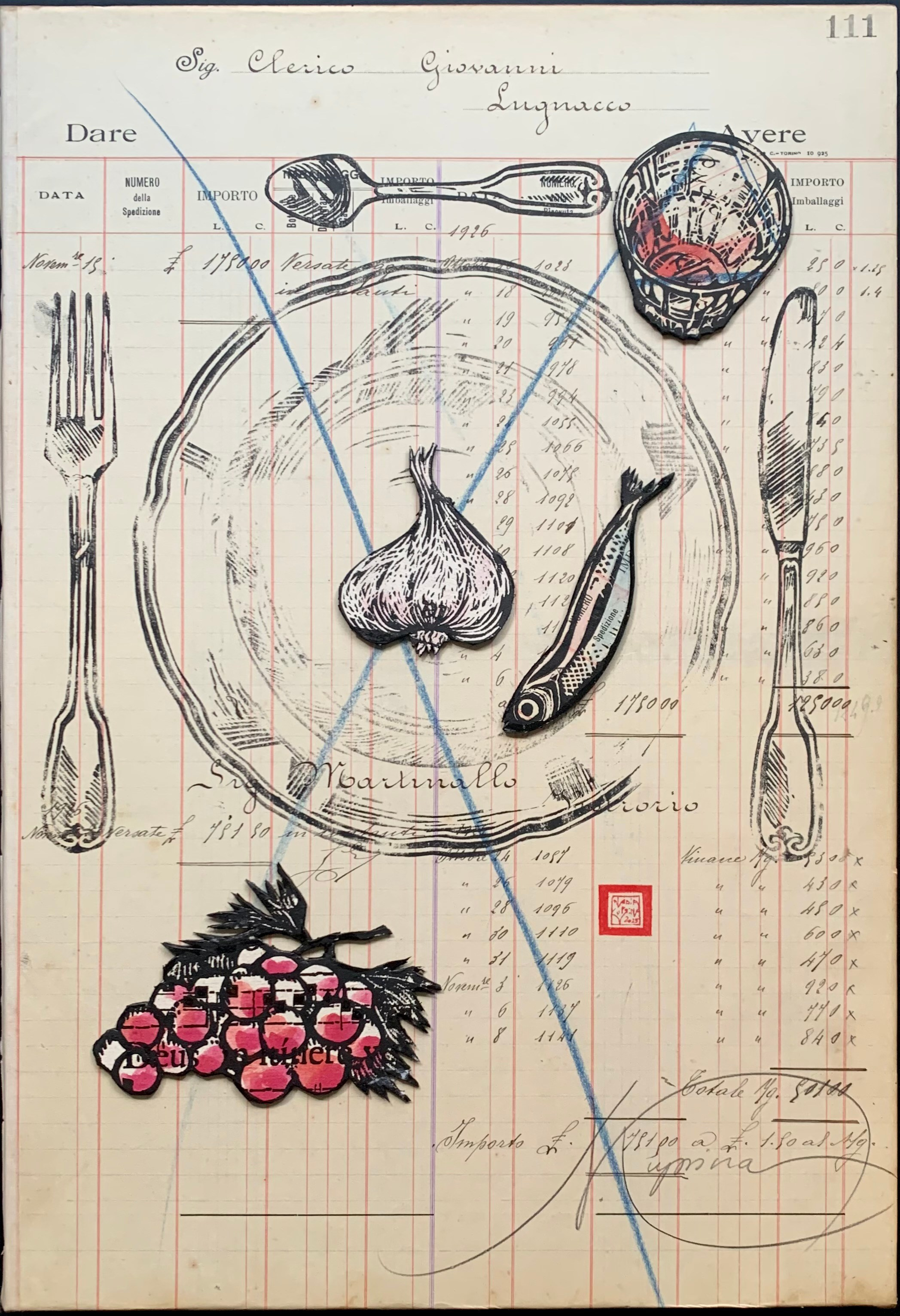 Opera della serie Panem Quotidianum di Nadia Kuprina, realizzata su un registro contabile originale (1918–1930) di un’azienda vinicola piemontese. Collage uva, vino rosso, aglio, acciuga — tracce di una tradizione gastronomica italiana fatta di povertà e condivisione. Il numero della pagina diventa titolo. Piatti e posate sono stampati a mano in linoleografia, trasformando memoria culturale in eredità visiva e identità collettiva.