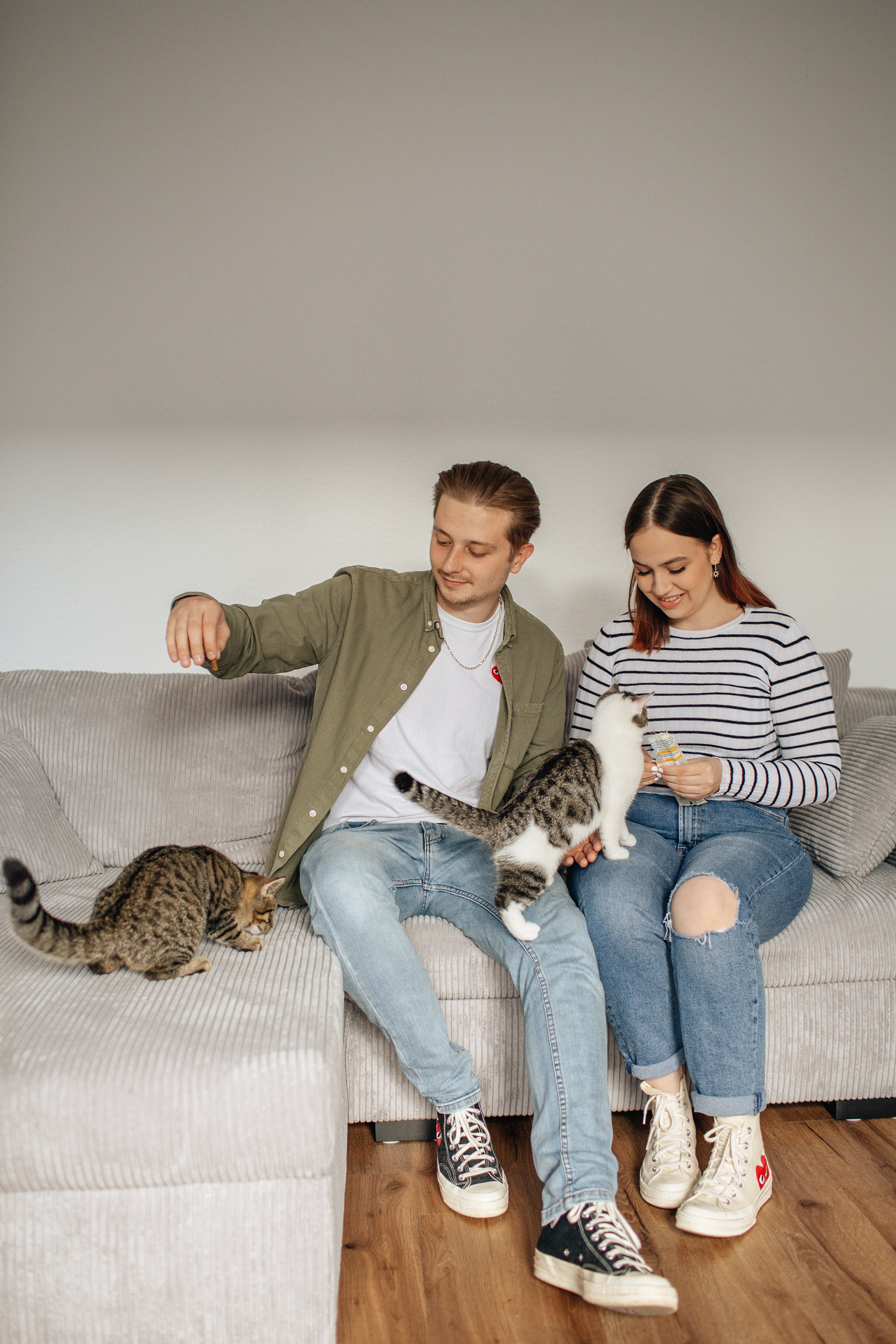 "Ein Pärchen sizt auf dem Sofa und spielen mit zwei Kätzchen"