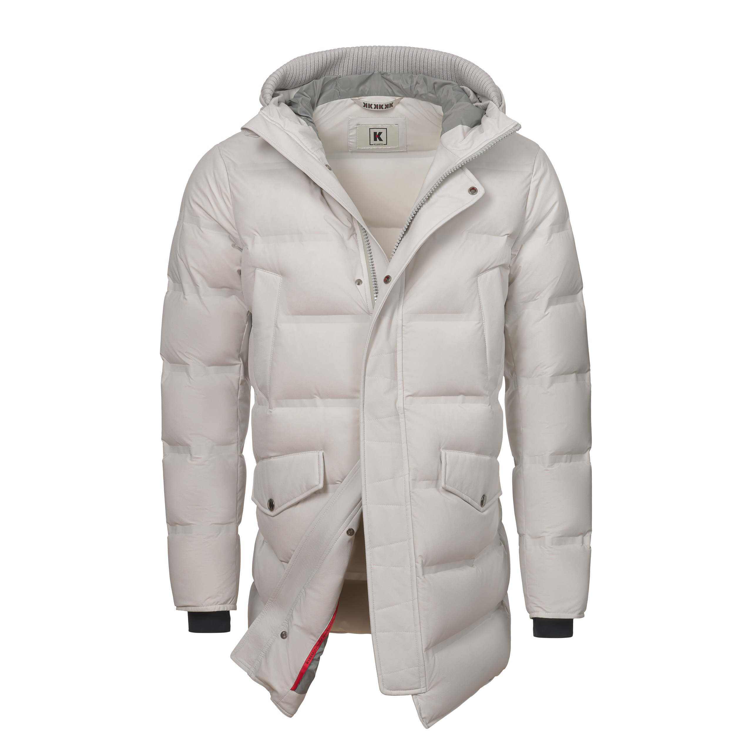 Unsichtbare Mannequin-Fotografie – Winterparka mit Kapuze in Nebelgrau von KIRED, Frontansicht.