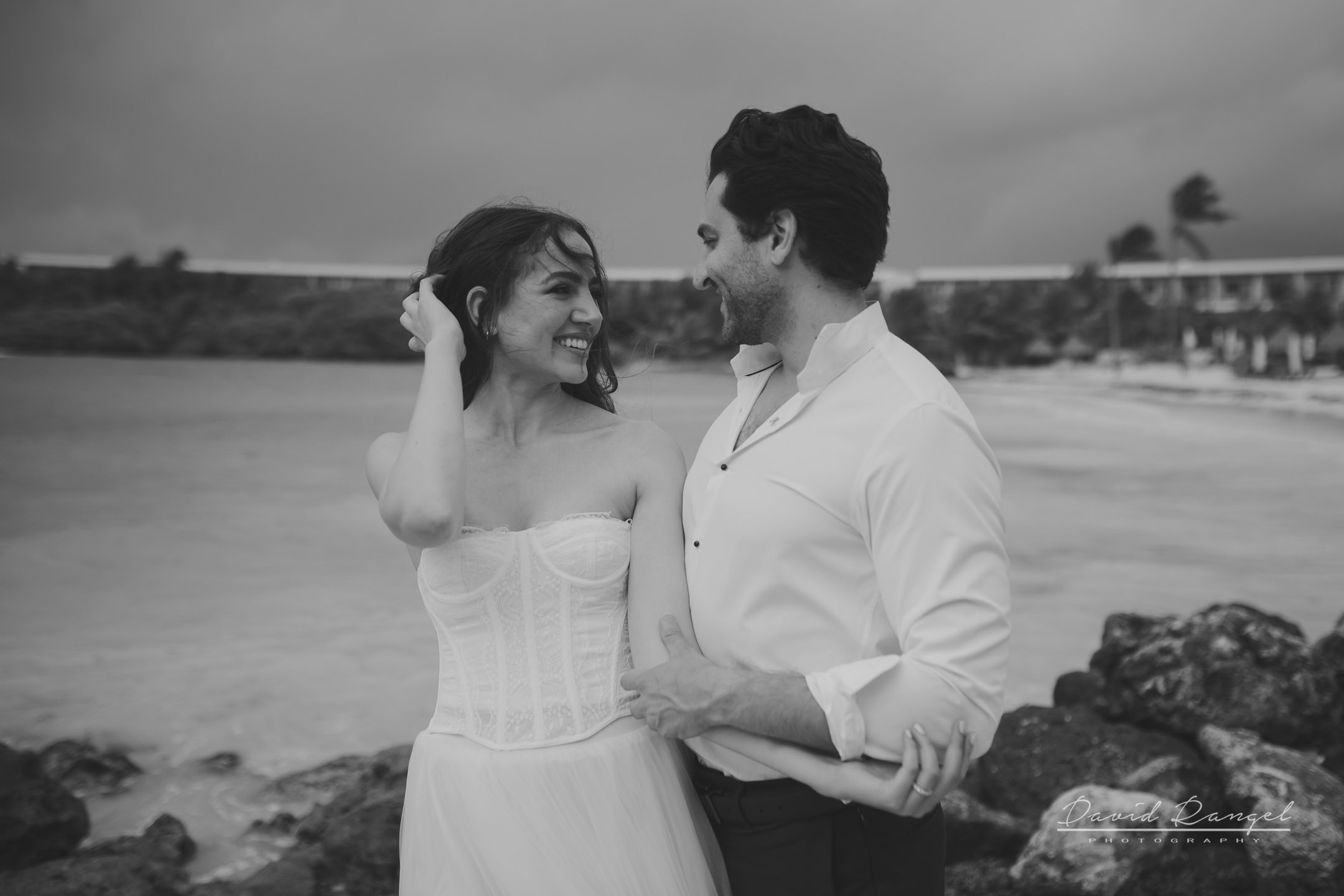 Secilia and Brandon tras the dress at the Conrad Tulum Hotel. Destination wedding photographer based in Cancun and Riviera Maya with service worldwide