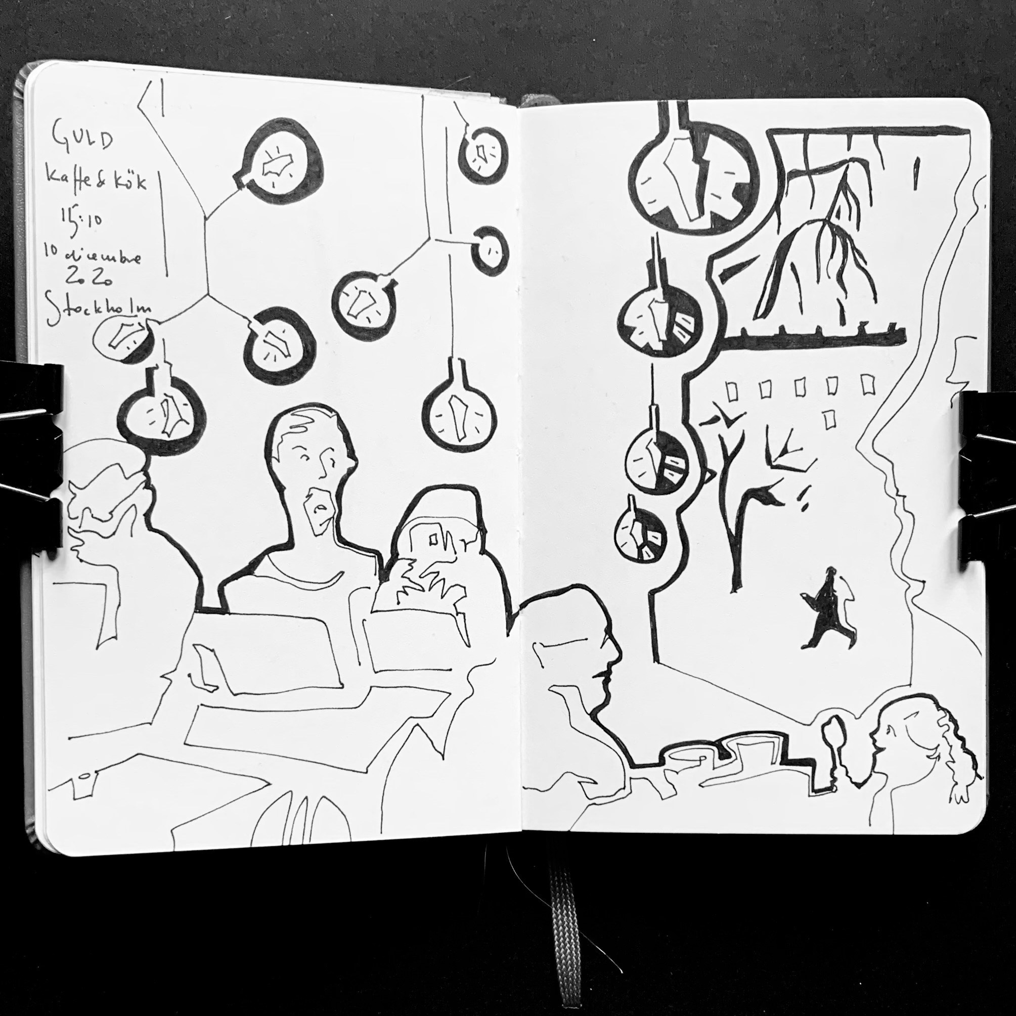 Illustrazioni in bianco e nero realizzate su taccuino Moleskine a Stoccolma, esempio di uno stile disegnato riconoscibile e di una pratica professionale consolidata.