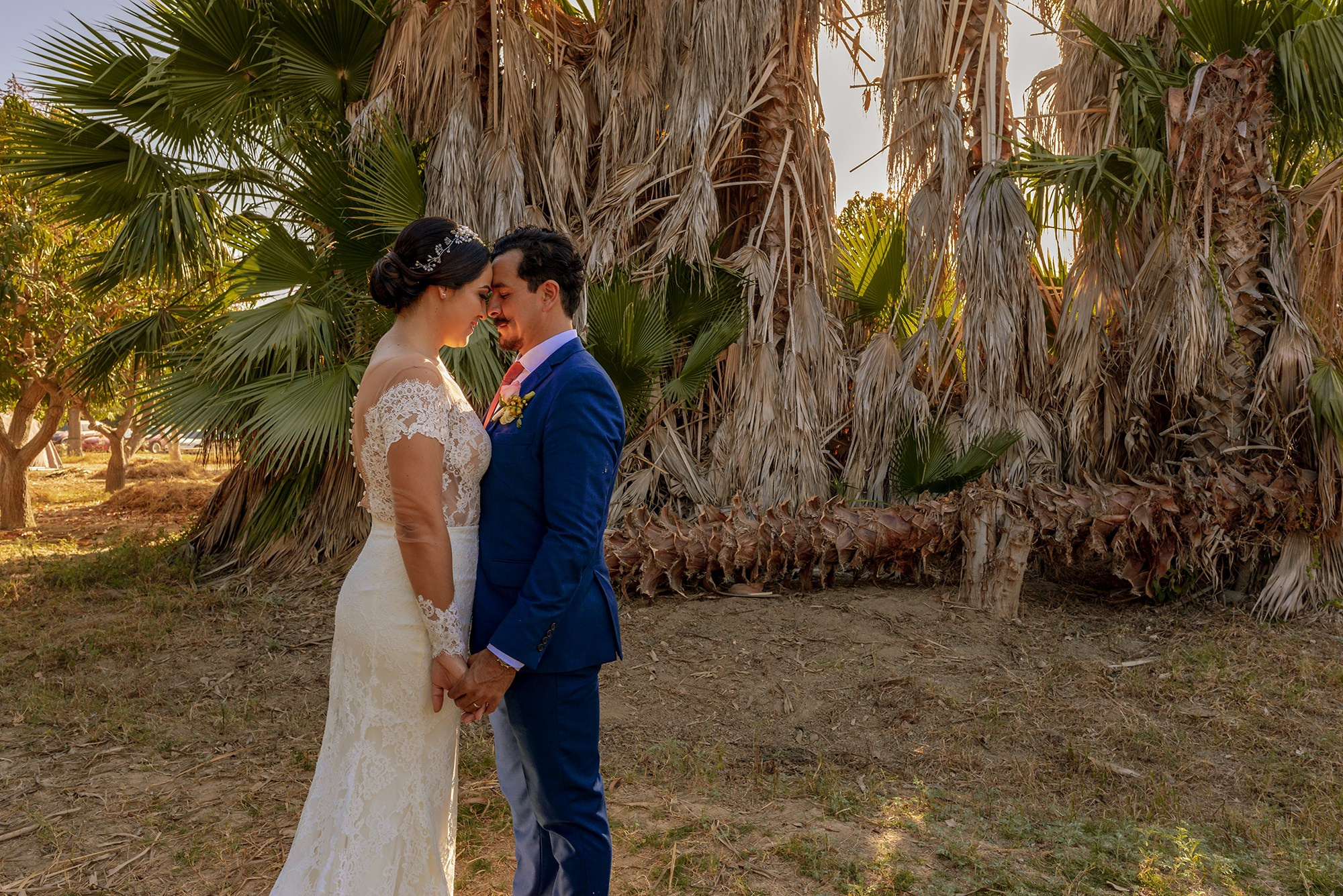 Garden wedding in San Jose del Cabo – bride and groom holding hands in lush green setting, destination wedding photography in Baja California Sur