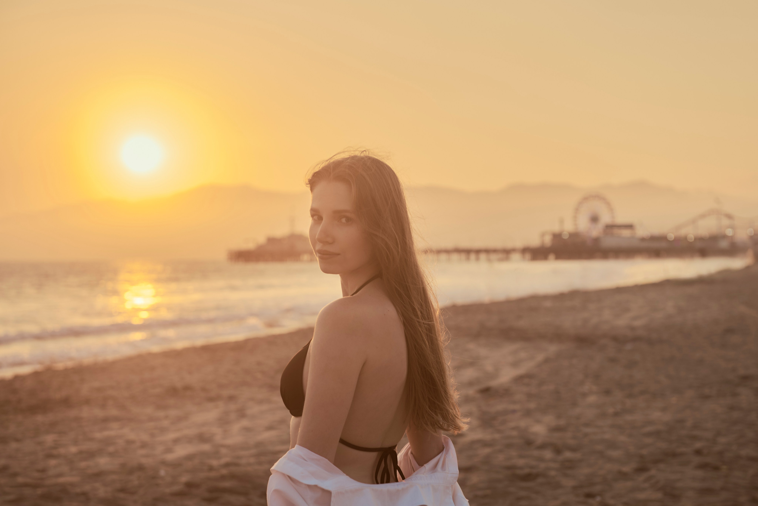 Model enjoying the sunset at Santa Monica Beach
