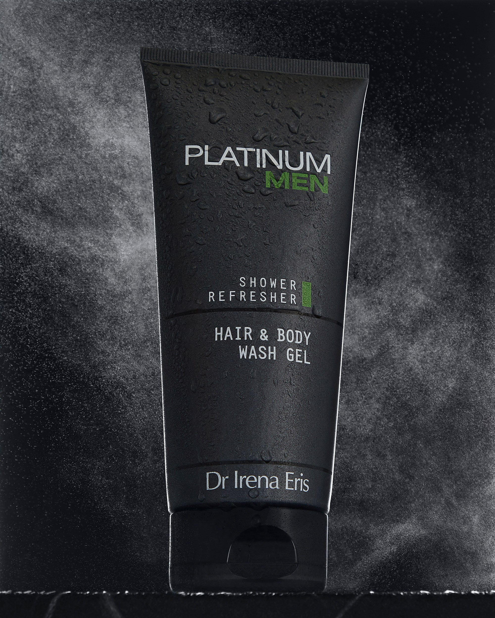 Photographer Roman Djuzev - Photo of a bottle of men's hair and body wash gel by Dr Irena Eris, on a dark background with water droplets on the bottle and water mist in the background.