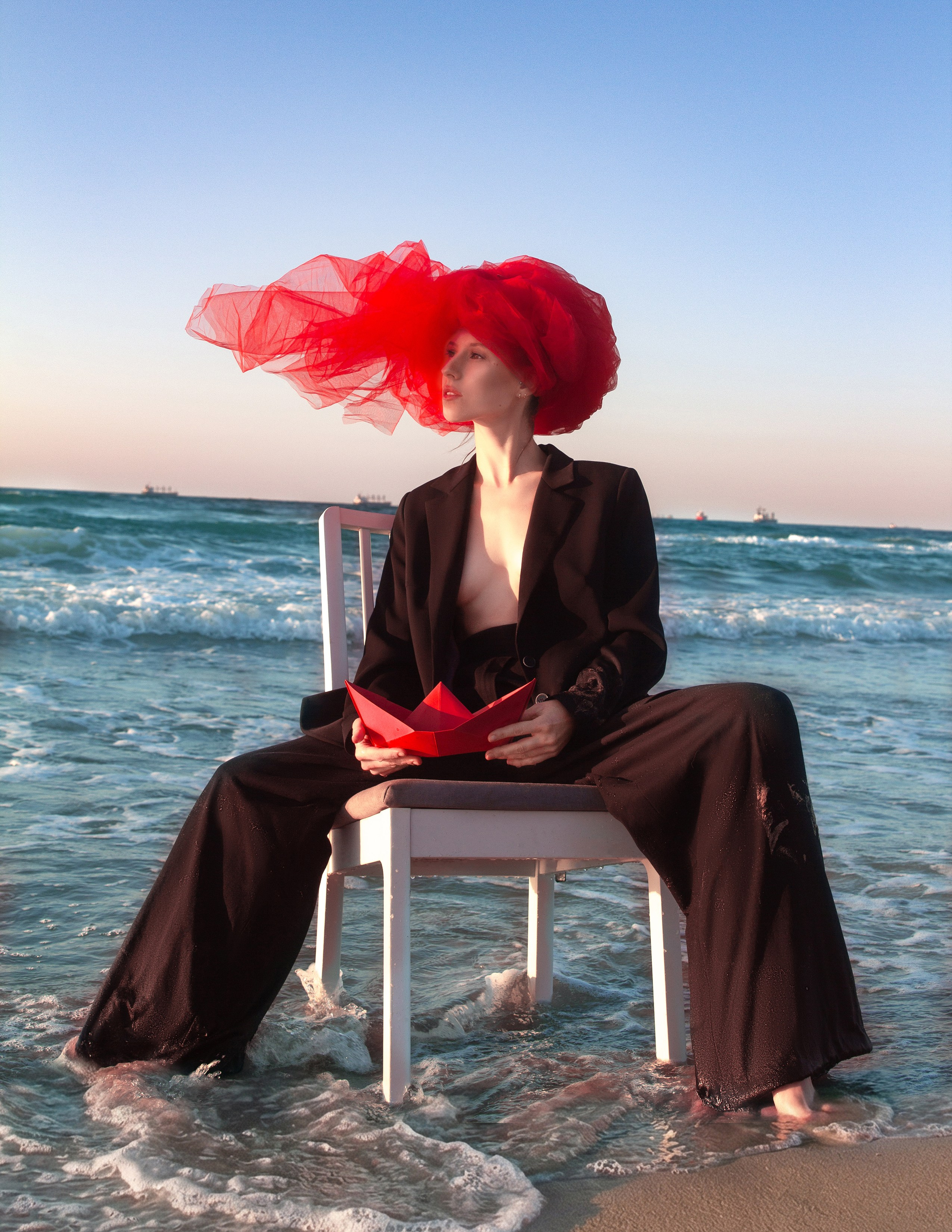 art portrait in Istanbul beach black suit sea background